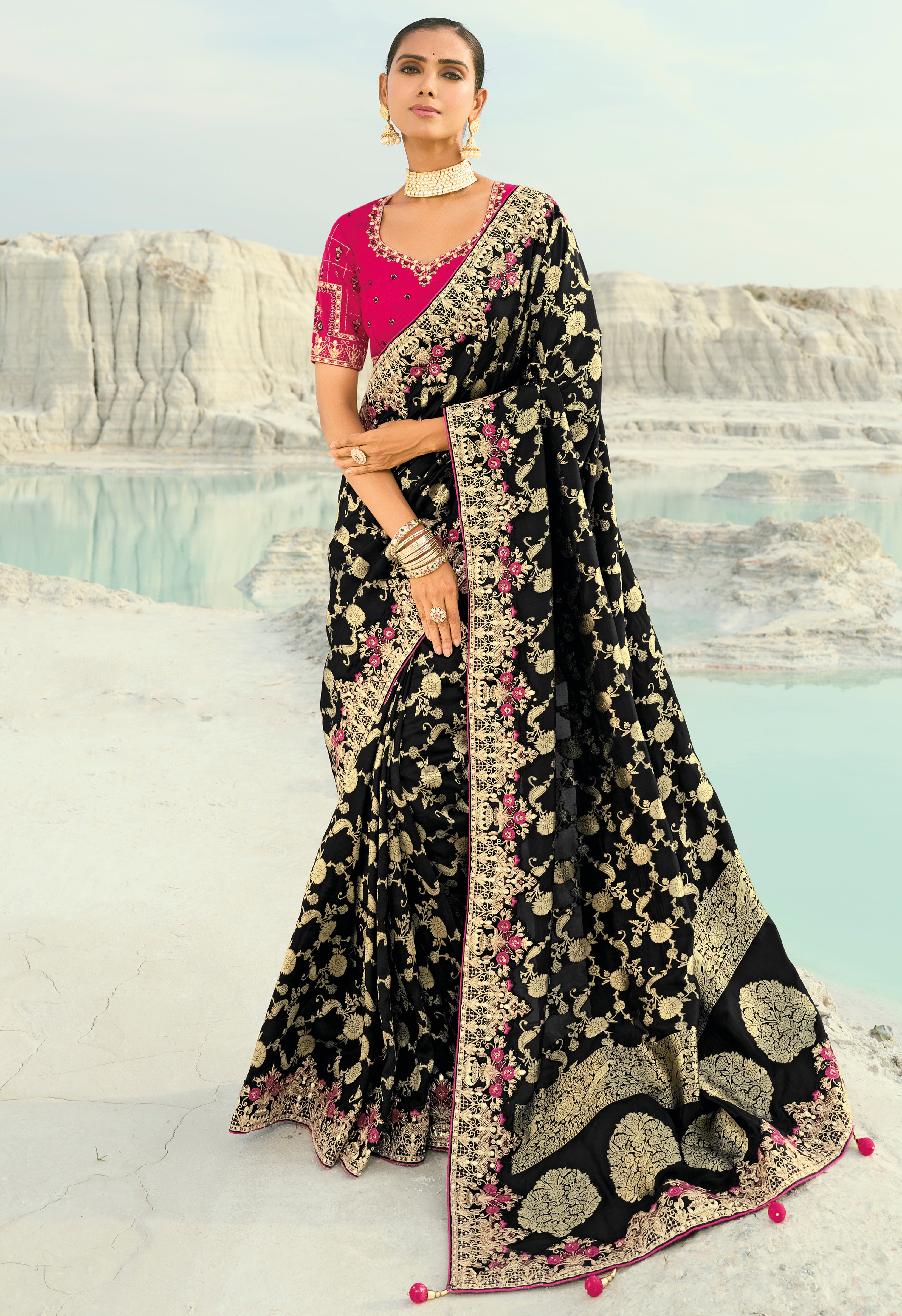Black Saree With Jari, Thread, Moti With Cut-Dana Heavy Work