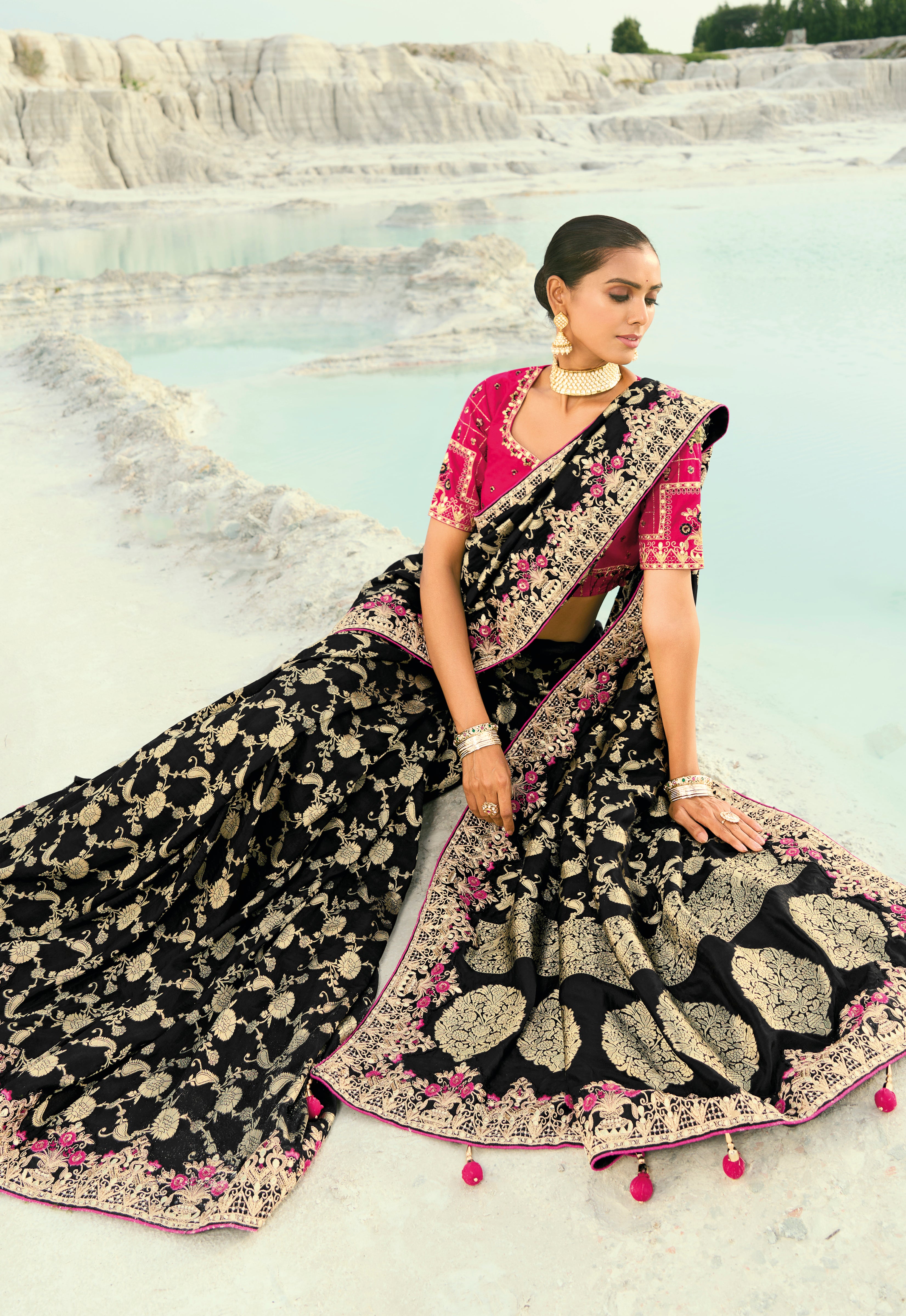 Black Saree With Jari, Thread, Moti With Cut-Dana Heavy Work