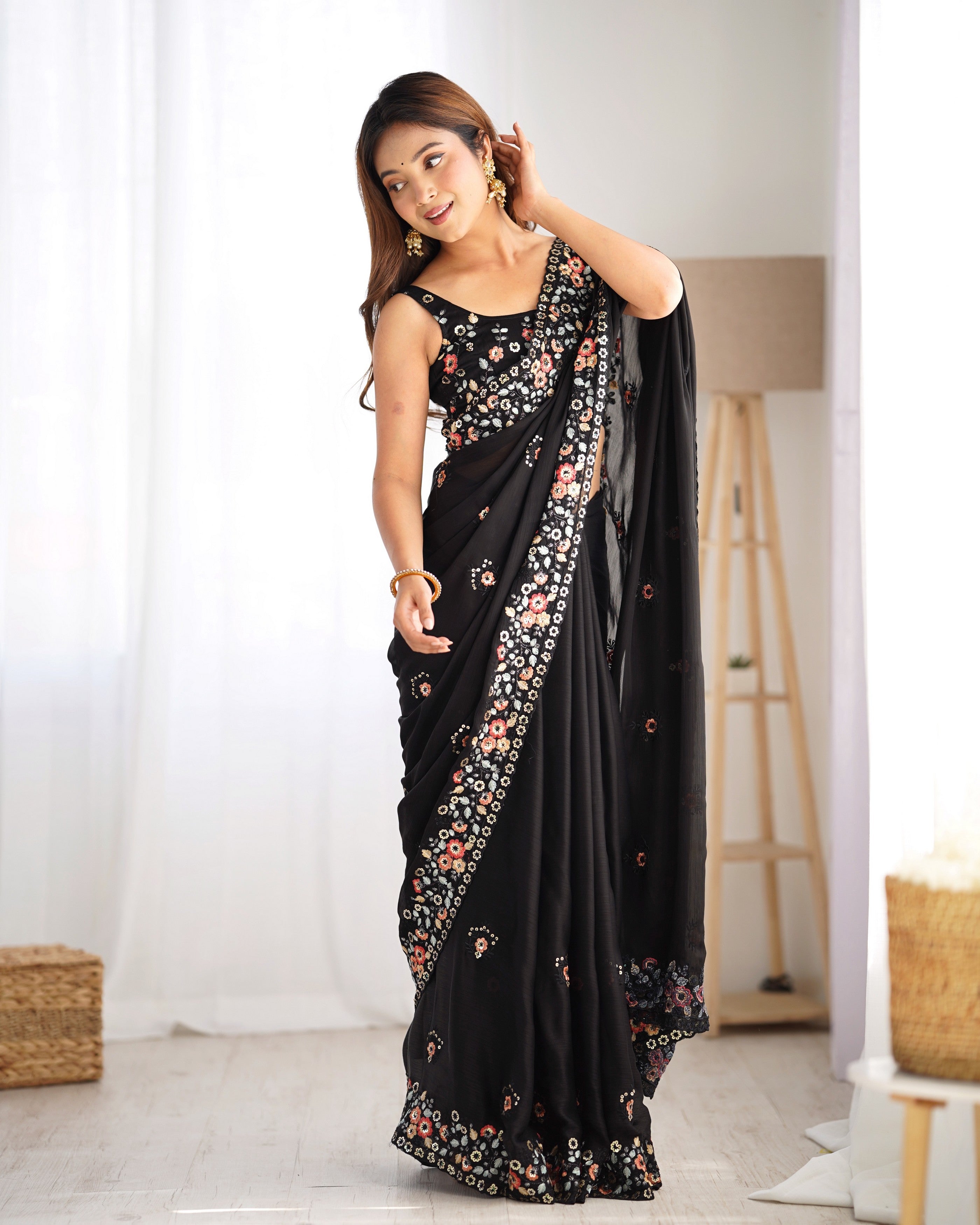 Black Satin Chiffon Heavy Bollywood Style Ceremonial Saree
