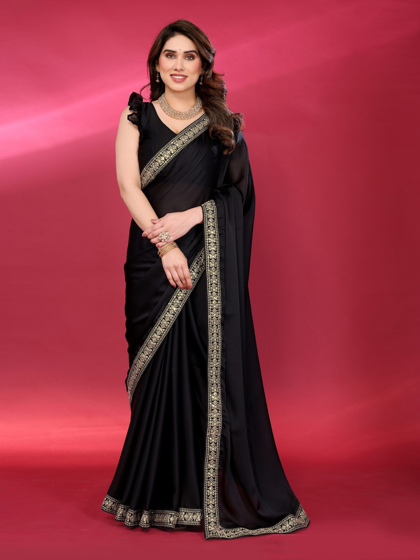 Black Satin Chiffon Saree With Plain Saree With Embroidery Work Lace