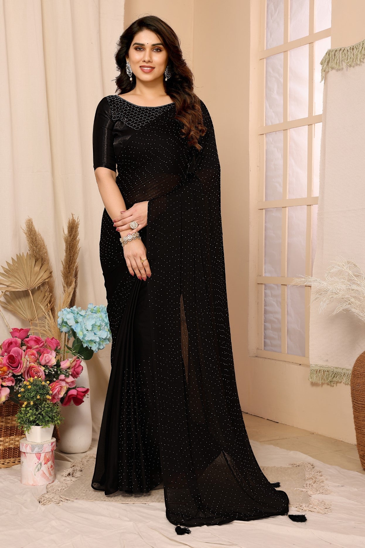 Black Satin Chiffon Saree With Stone Work Saree And Stone Work Blouse