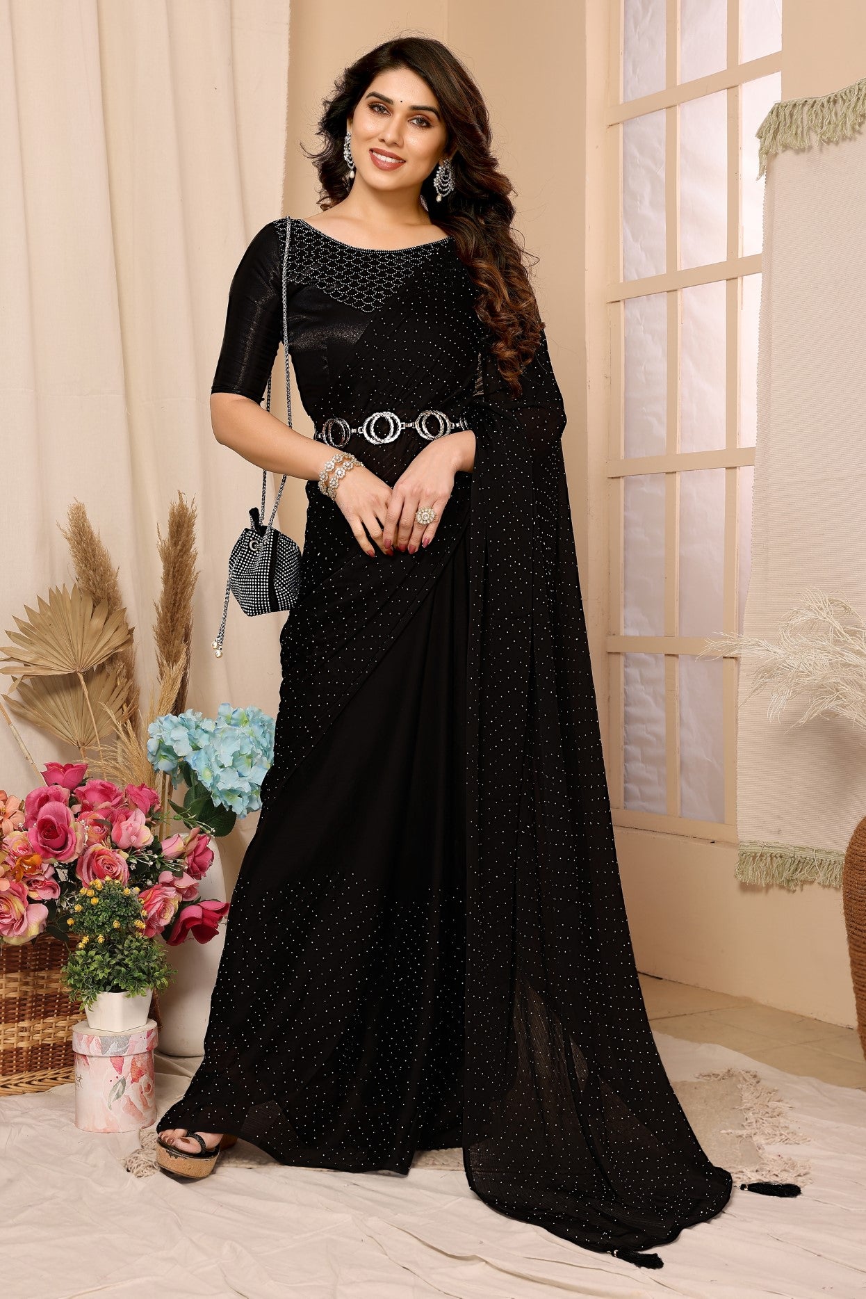 Black Satin Chiffon Saree With Stone Work Saree And Stone Work Blouse