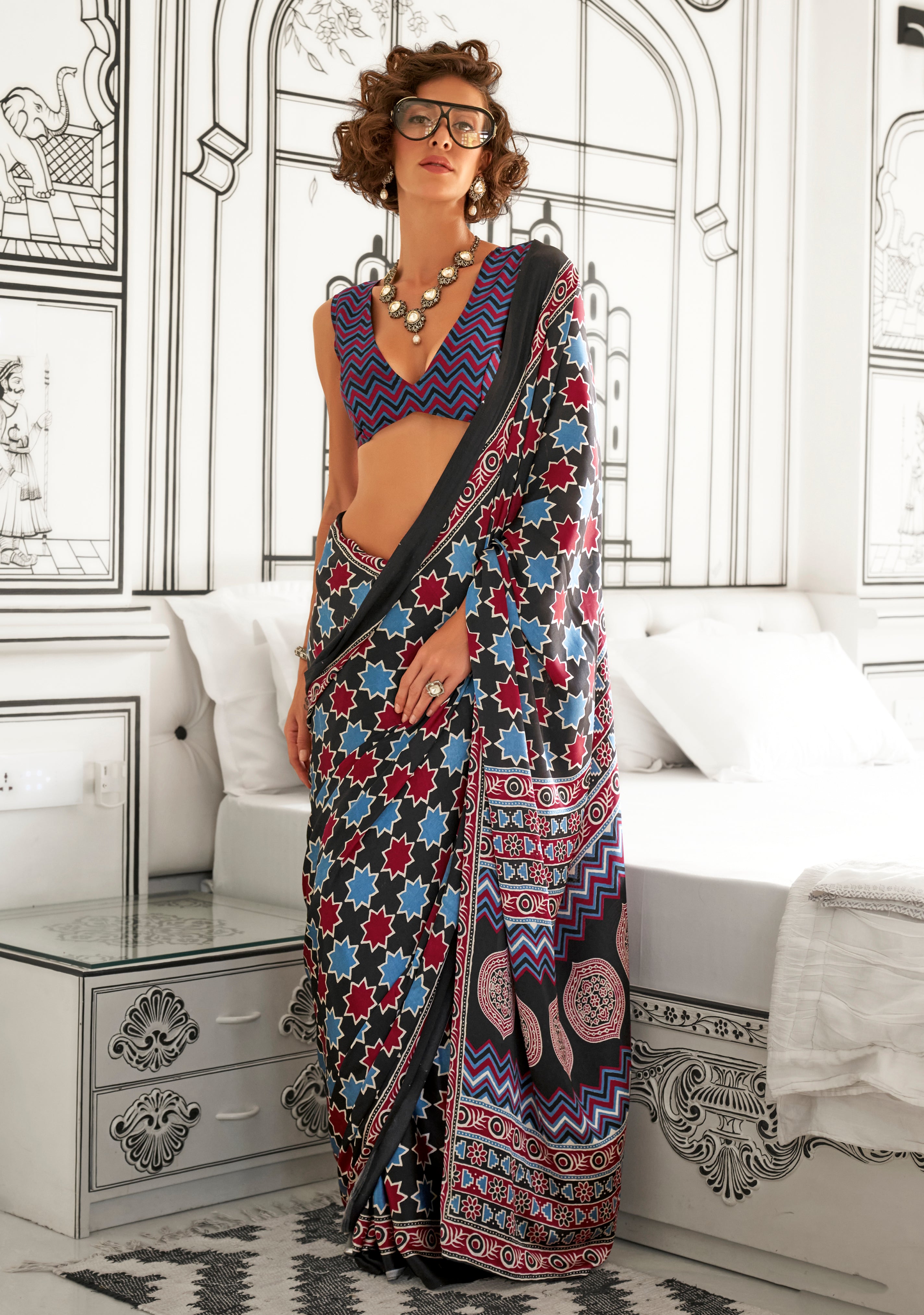 Black Satin Crape Saree With Digital Print