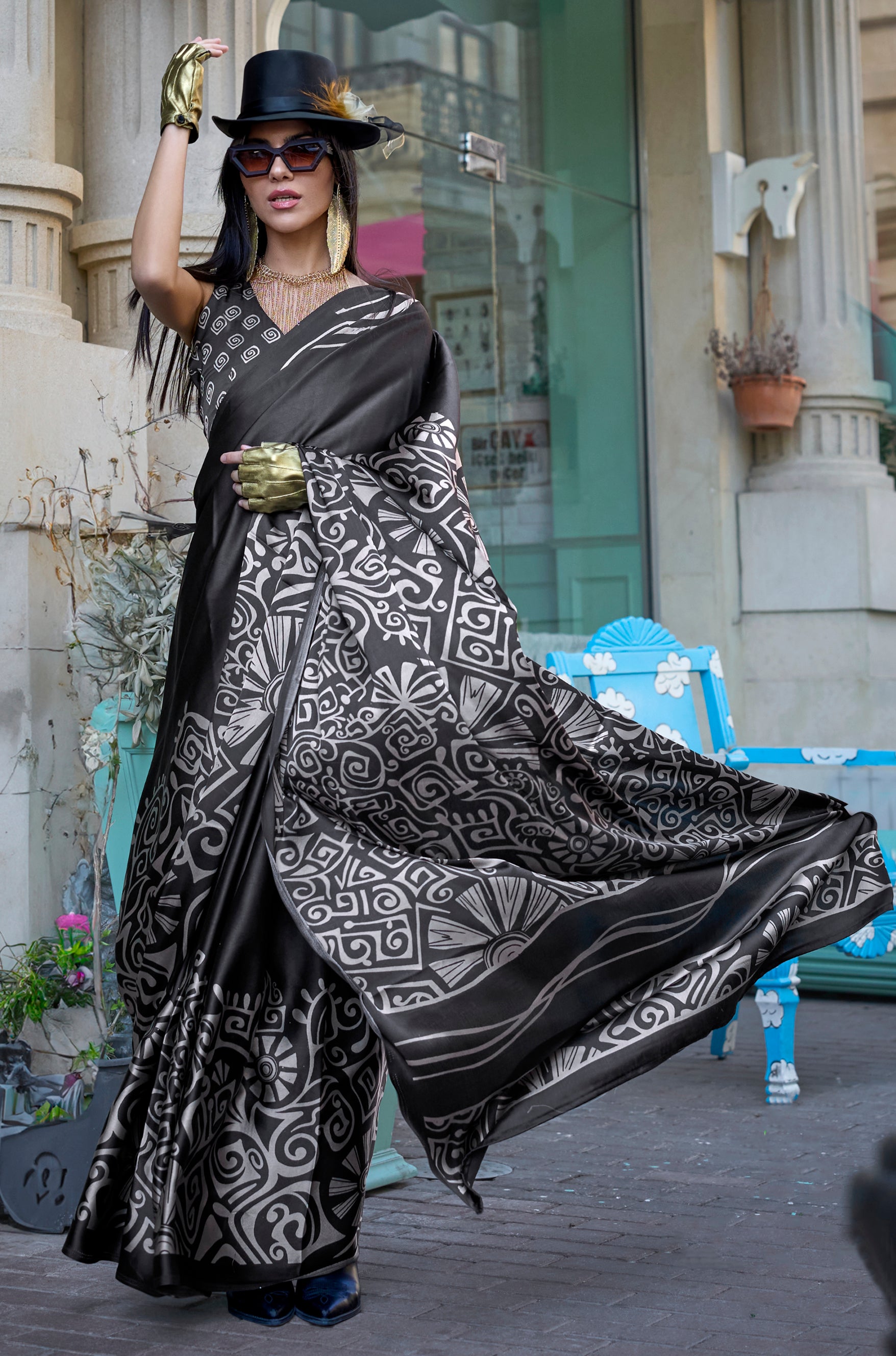 Black Satin Saree With Digital Print