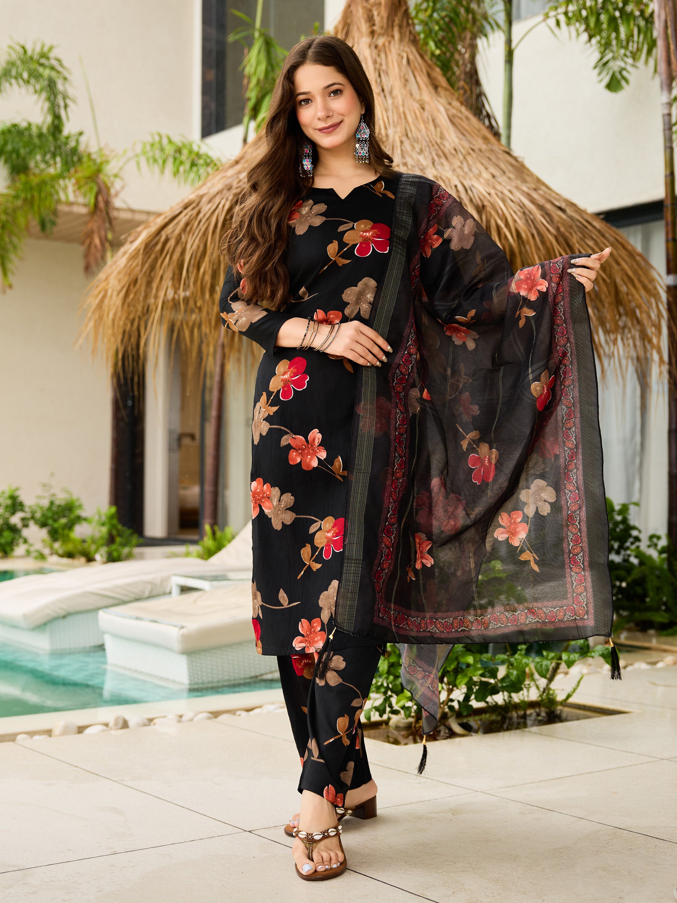 Black Silk Blend Kurta Pant Set Printed
