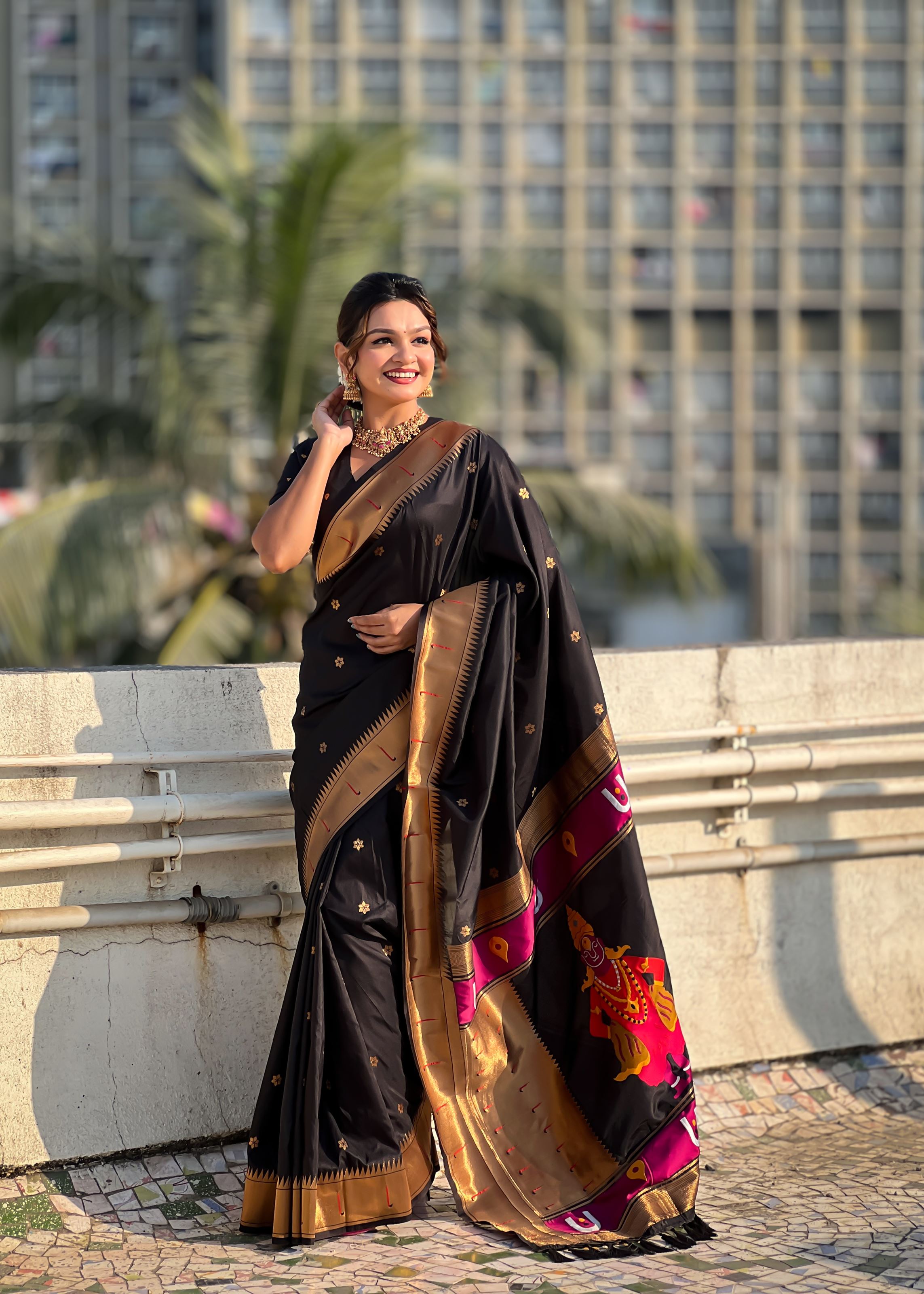 Black Silk Blend Vitthala God Paithani Silk Saree