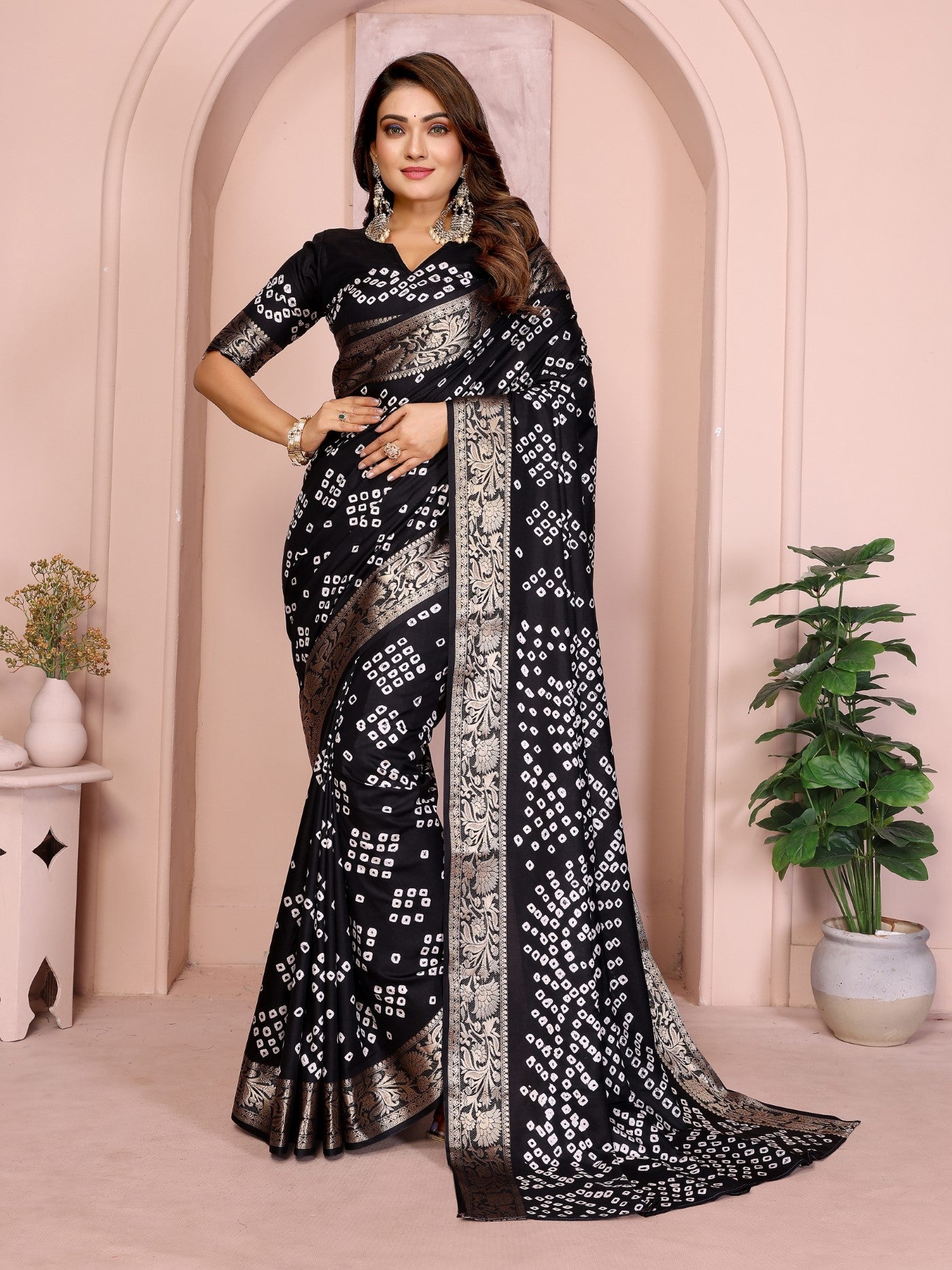 Black Silk Saree With Bandhej And Elegant Zari Weaving