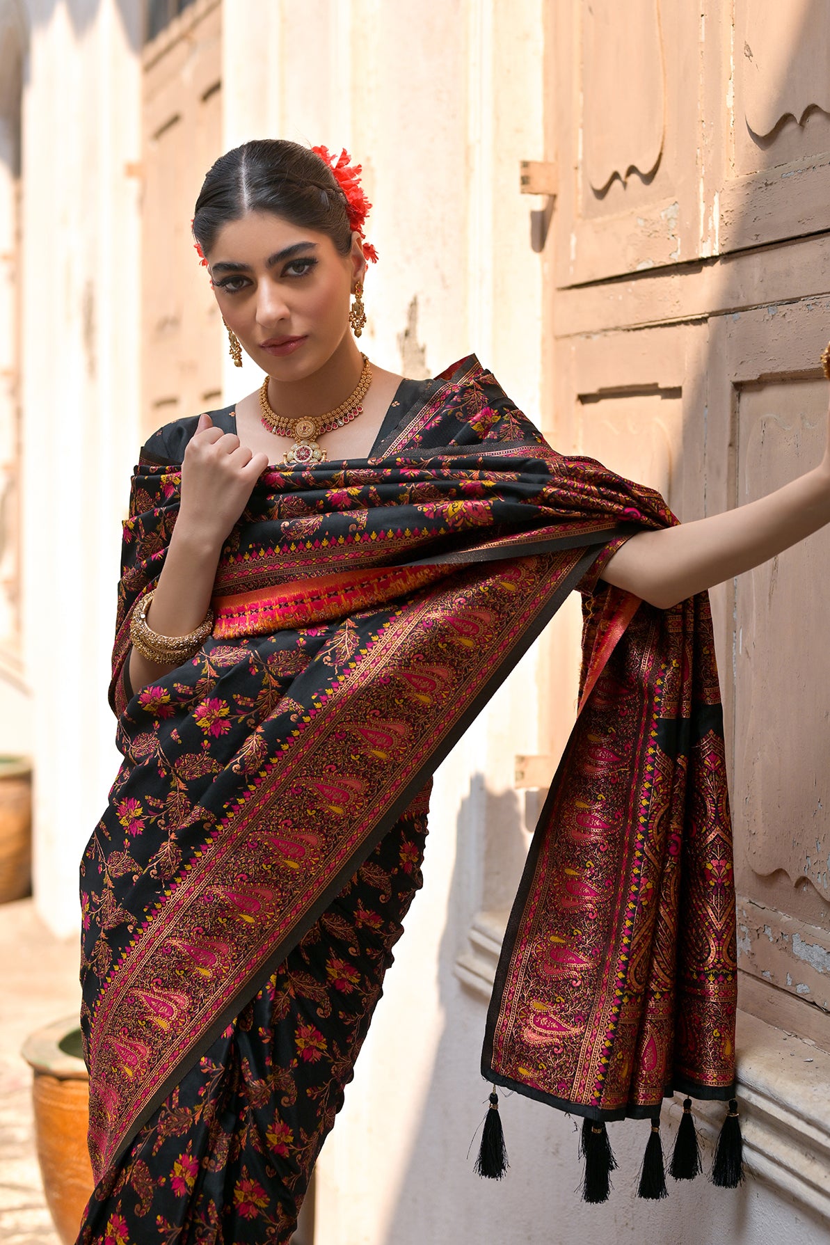 Black Silk Saree with Thread Jal and Floral Weaves