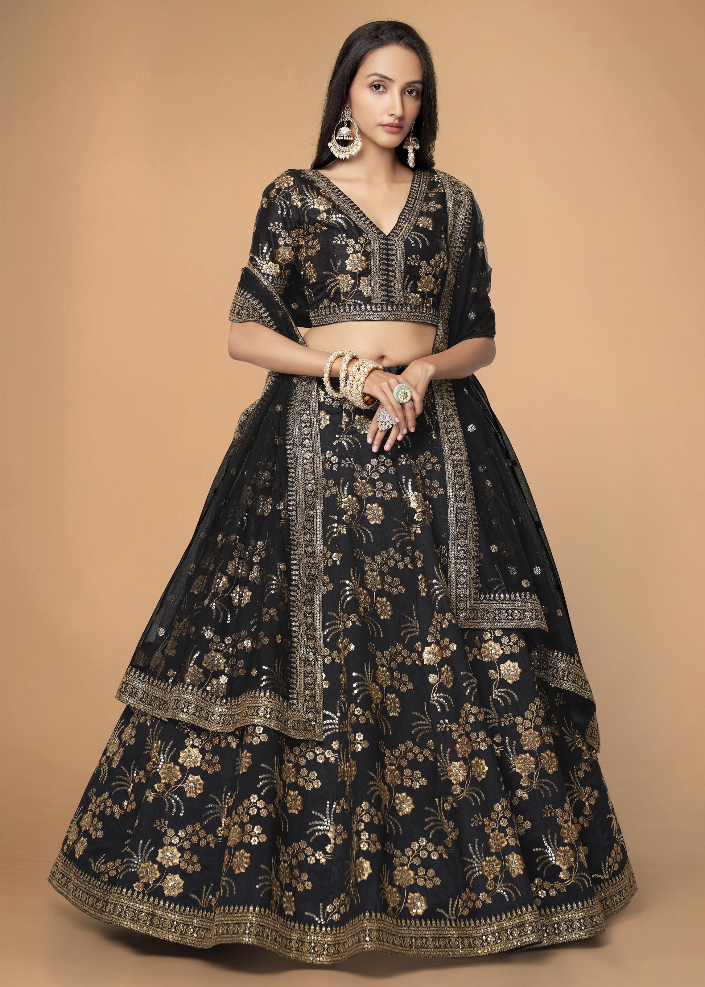 Black Slub Silk Lehenga Choli With Zari Sequins and Dori Embroidery Work