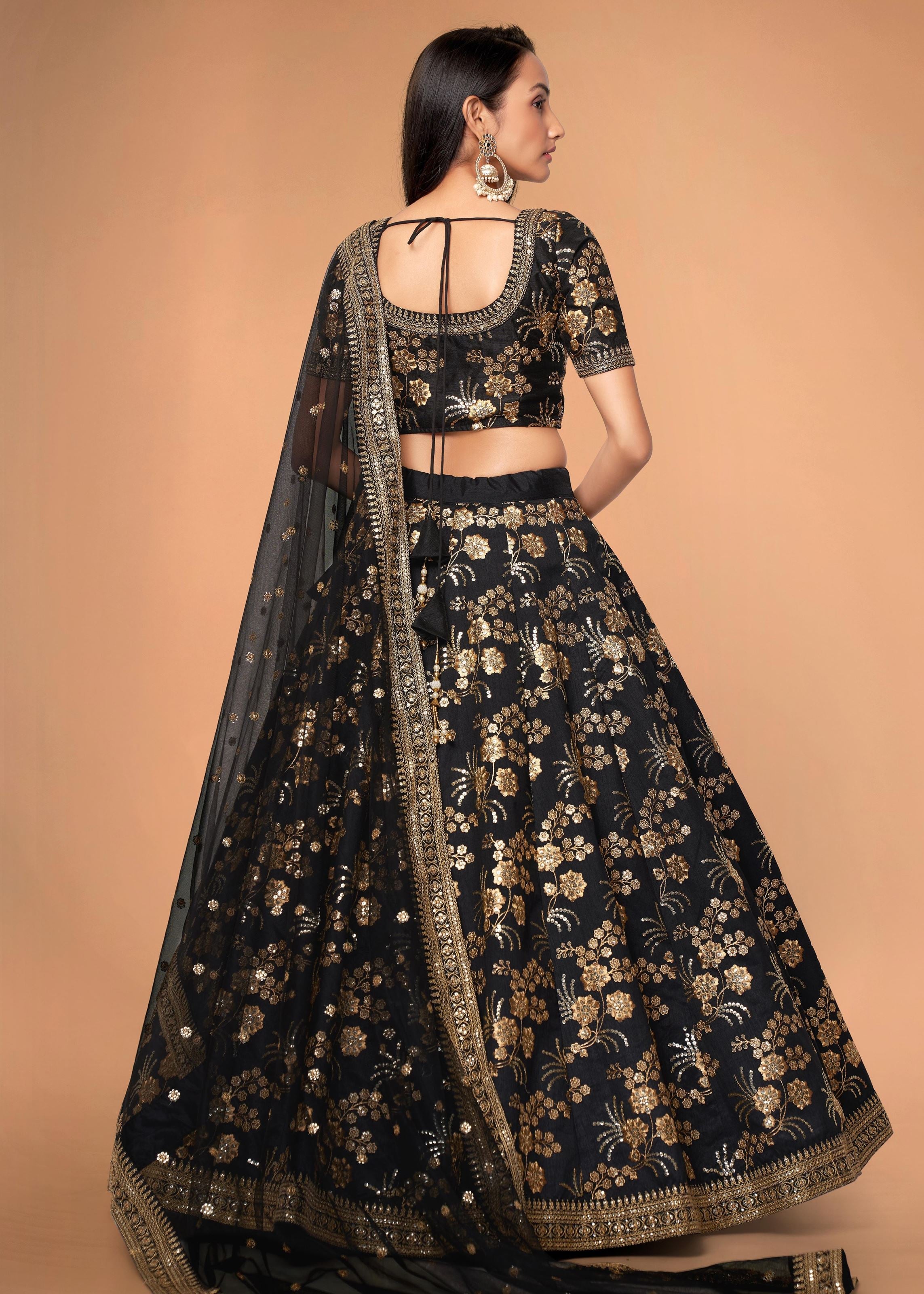 Black Slub Silk Lehenga Choli With Zari Sequins and Dori Embroidery Work