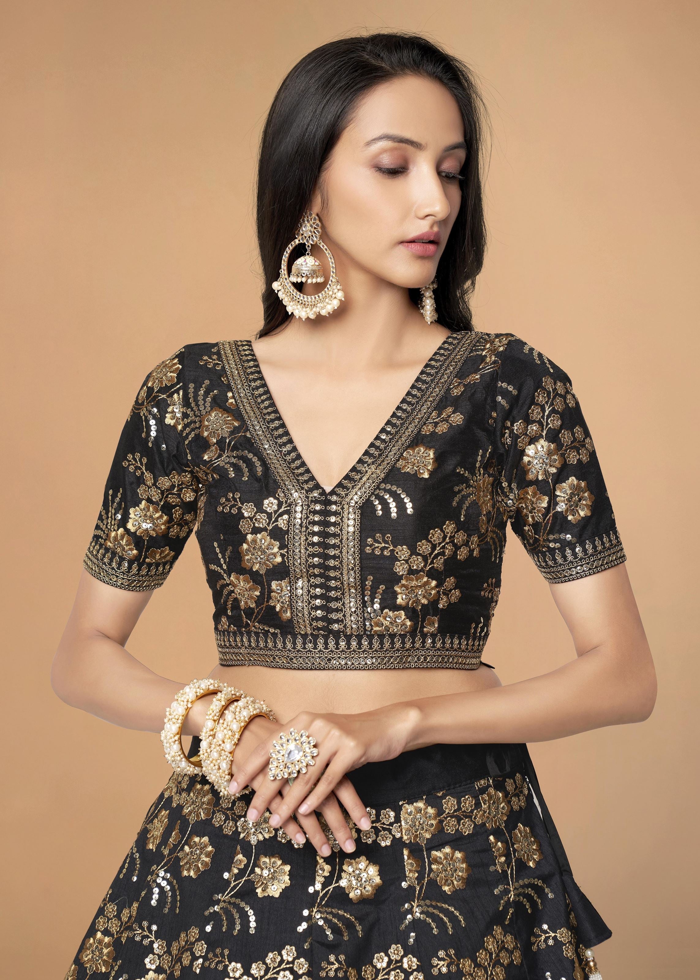 Black Slub Silk Lehenga Choli With Zari Sequins and Dori Embroidery Work