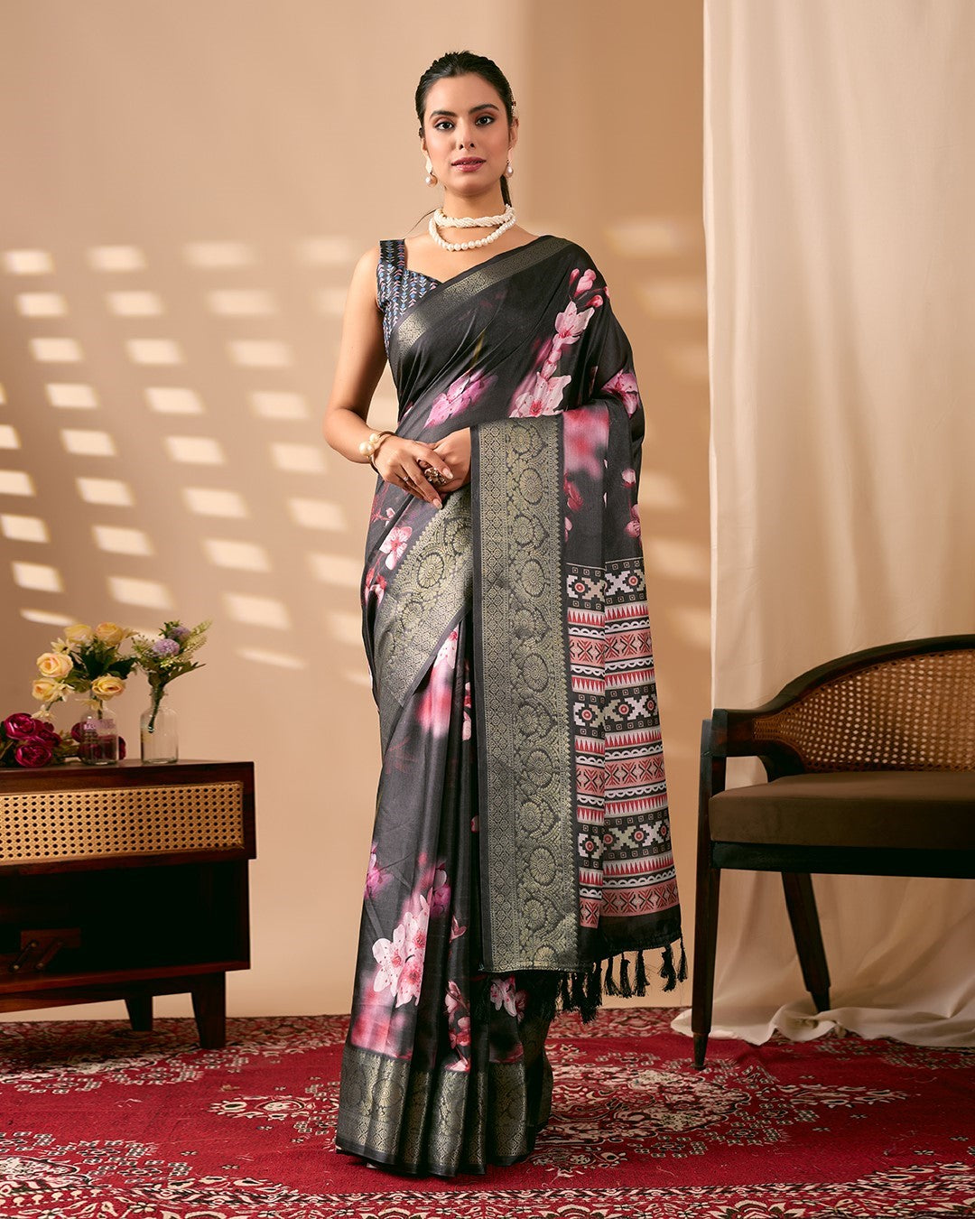 Black Soft Lichi Silk Saree With Digital Printed Premium Traditional Saree