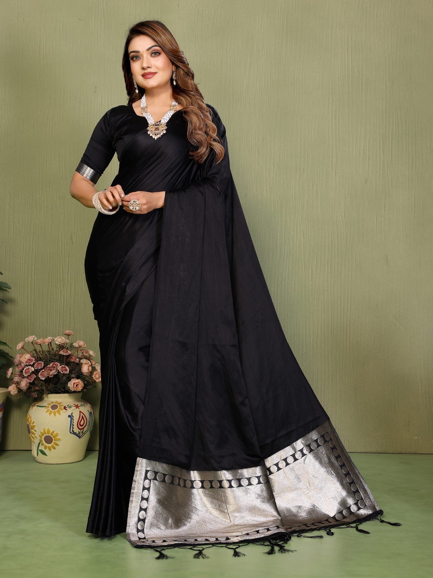 Black Soft Satin Silk Saree With Classic Zari Weaving