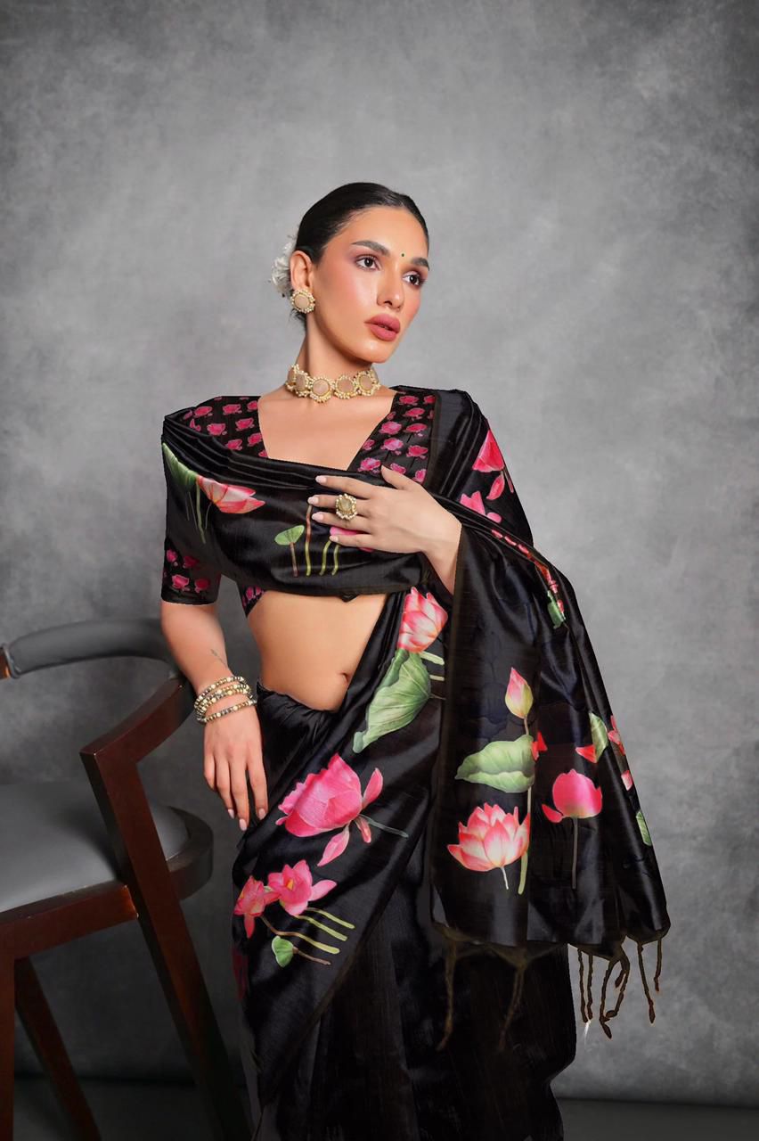 Black Soft Tussar Silk Saree with Print and Small Zari Border
