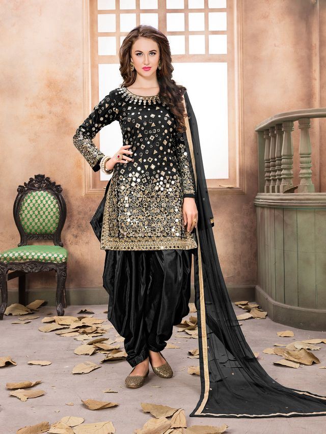 Black Taffeta Silk embroidered Patiala Suits