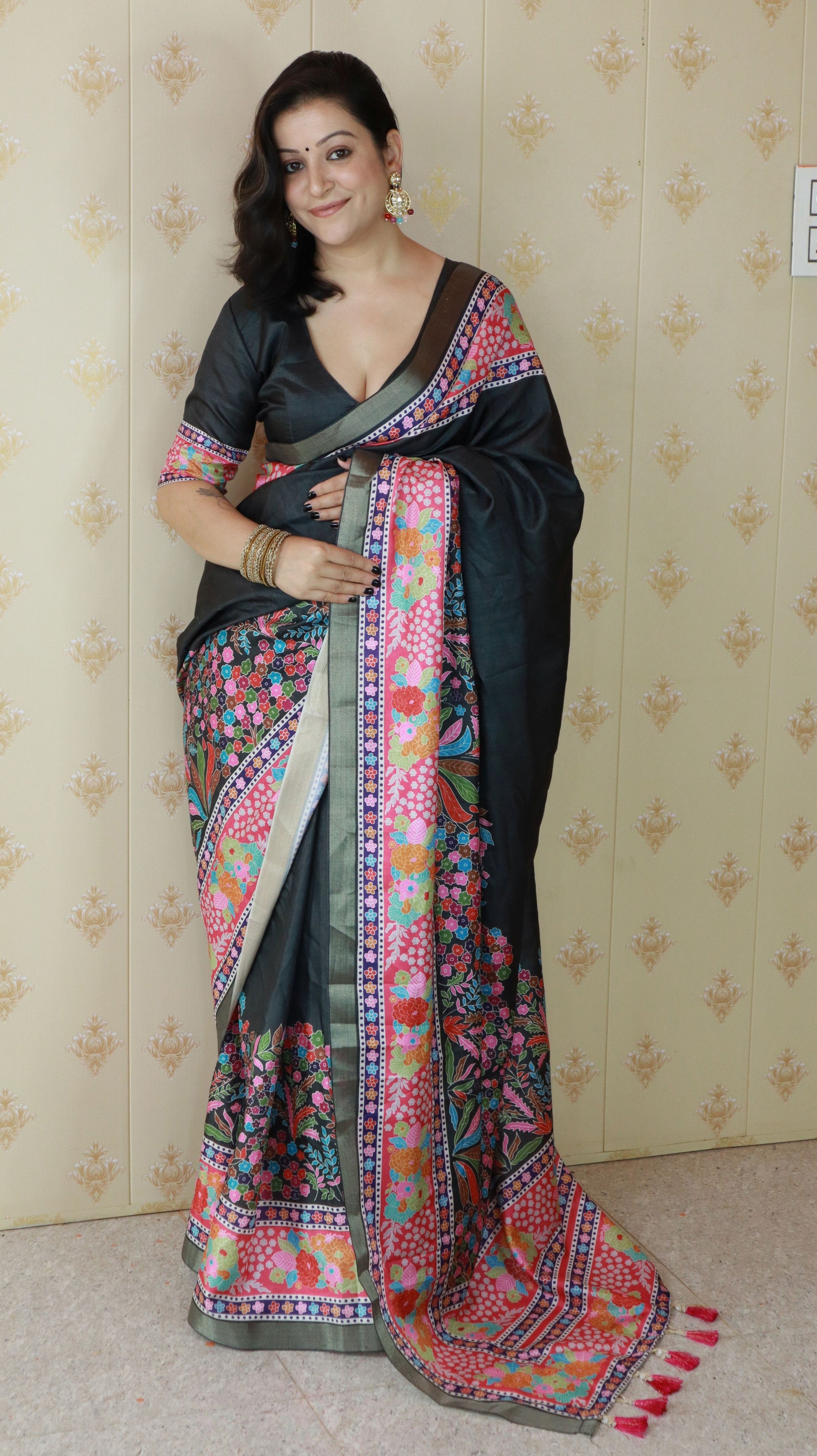 Black Tussar Silk Woven Jari Designer With Printed Elegant Party Saree