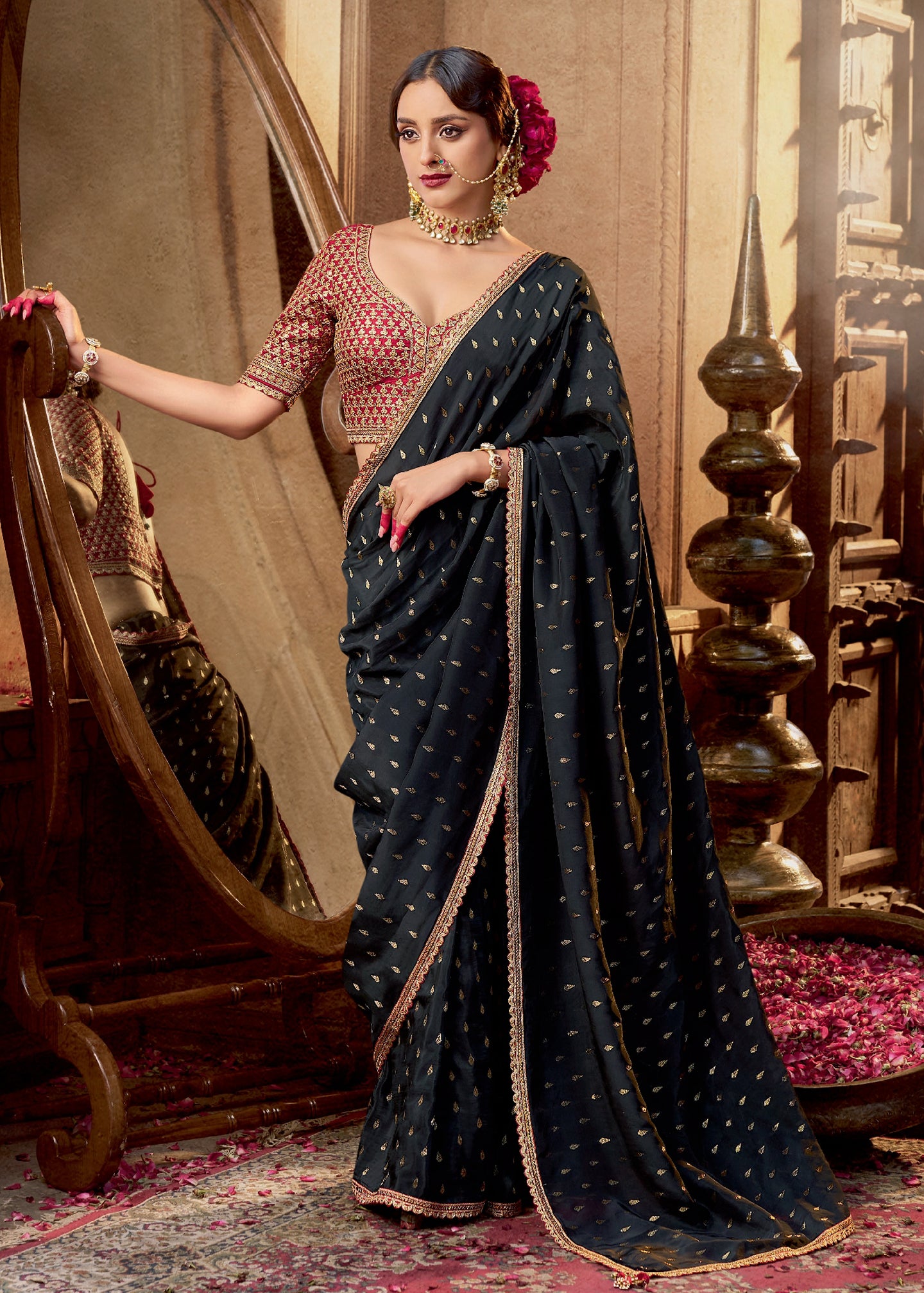 Black Viscose Crepe Saree with Butti Weaving and Embroidered Blouse