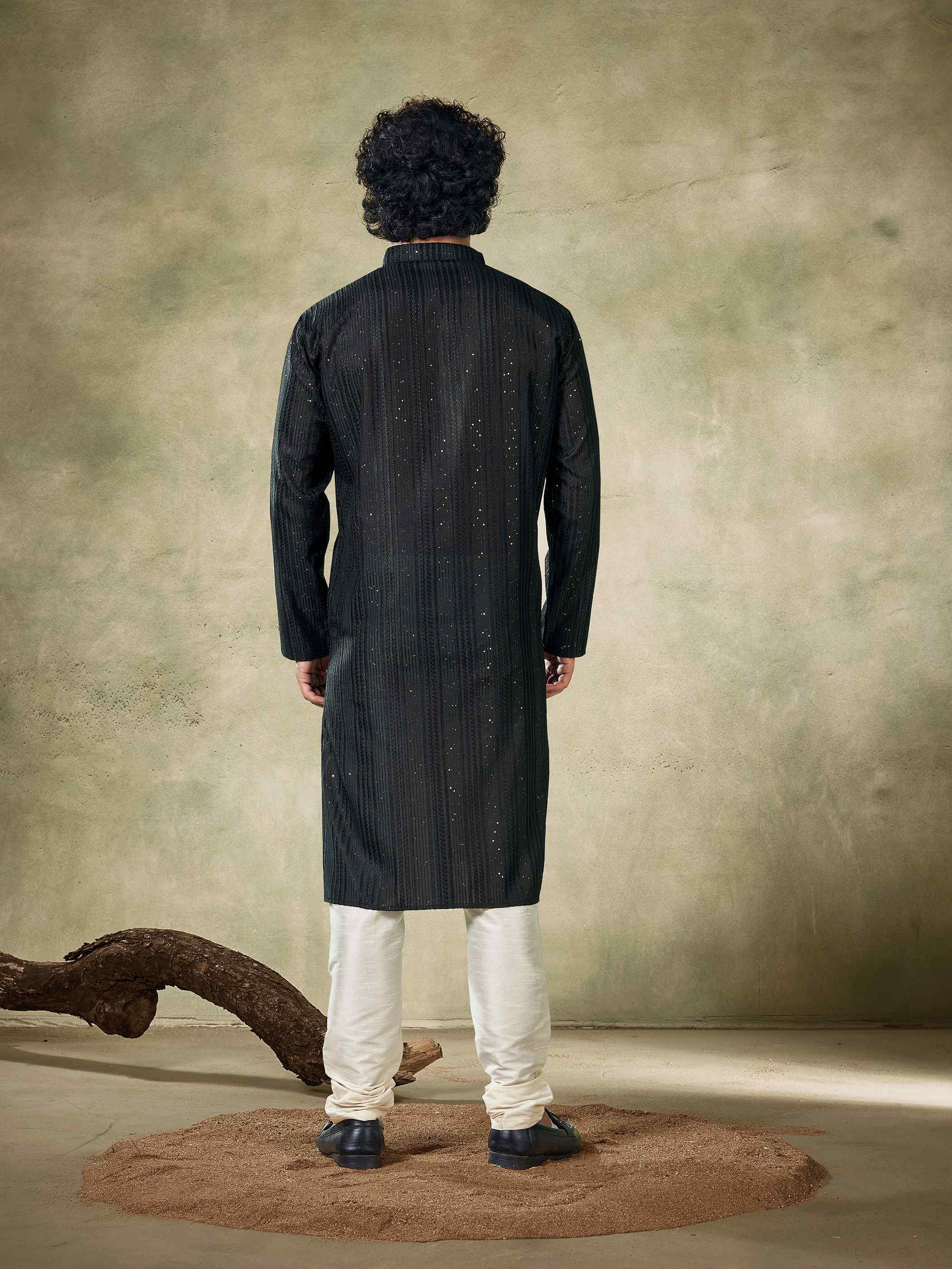 Black Viscose Kurta Payjama with Sequins Detailing – Classic and Bold