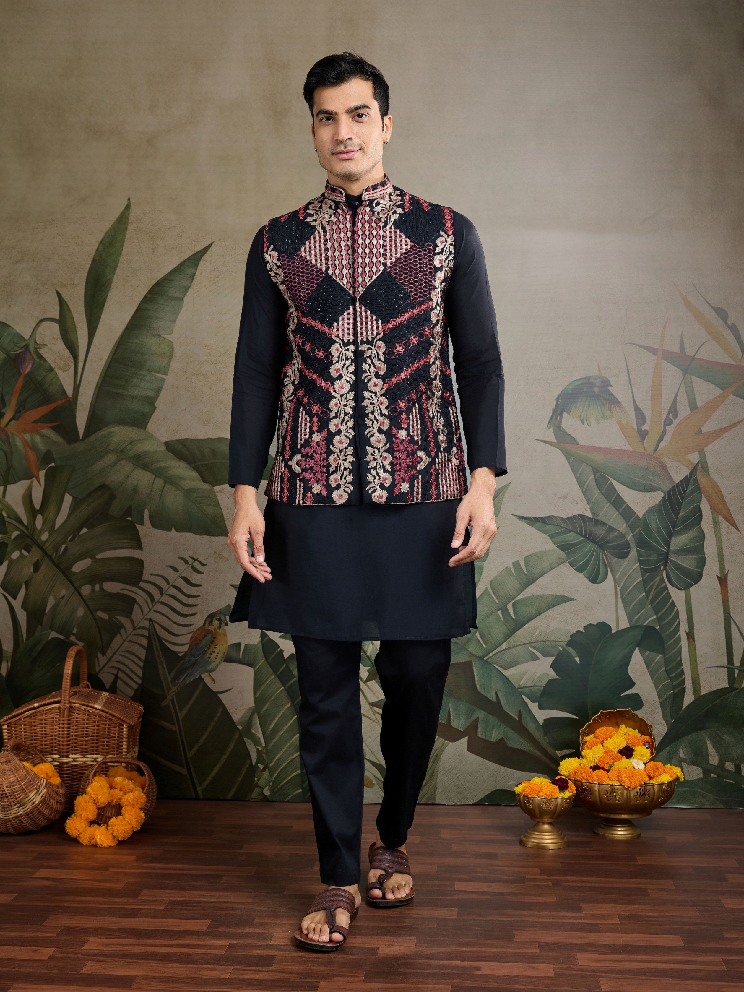 Black Viscose Silk Kurta with Swarovski Embroidery Jacket
