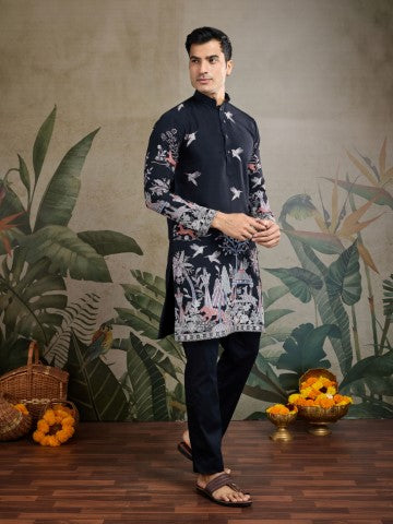 Black Viscose Silk Sequins Embroidery Ethnic Partywear Kurta