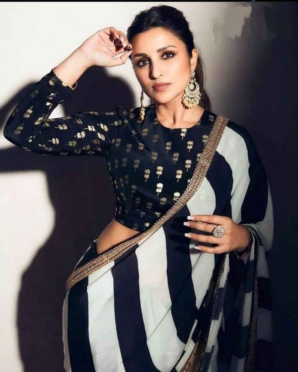 Black White Georgette Saree With Printed Design