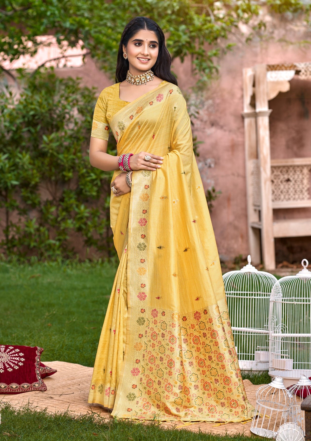 Blooming Yellow Assam Silk Meenakari Festival Saree