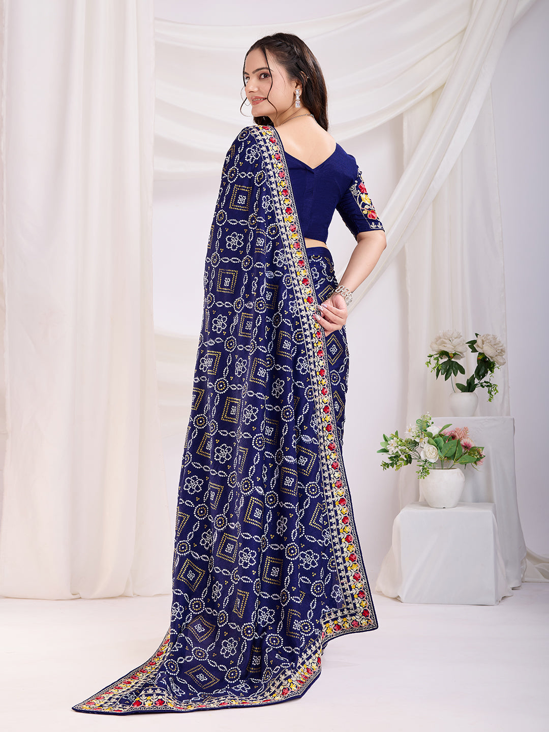 Blue Bandhani Printed With Embroidery Work Beautiful Ceremonial Saree