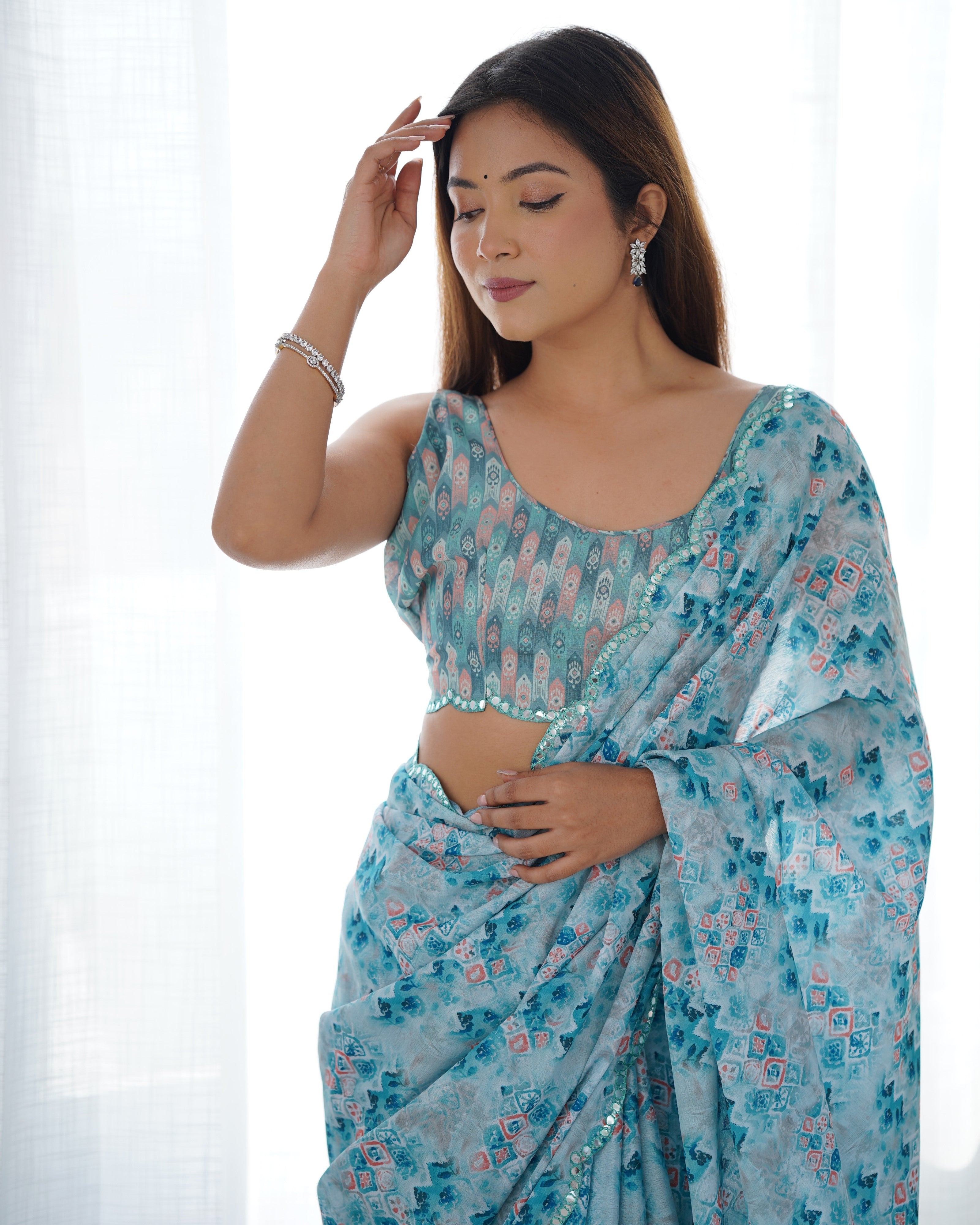 Blue Beautiful Chinon Fabric Digital Printed Saree With Mirror Cut Work