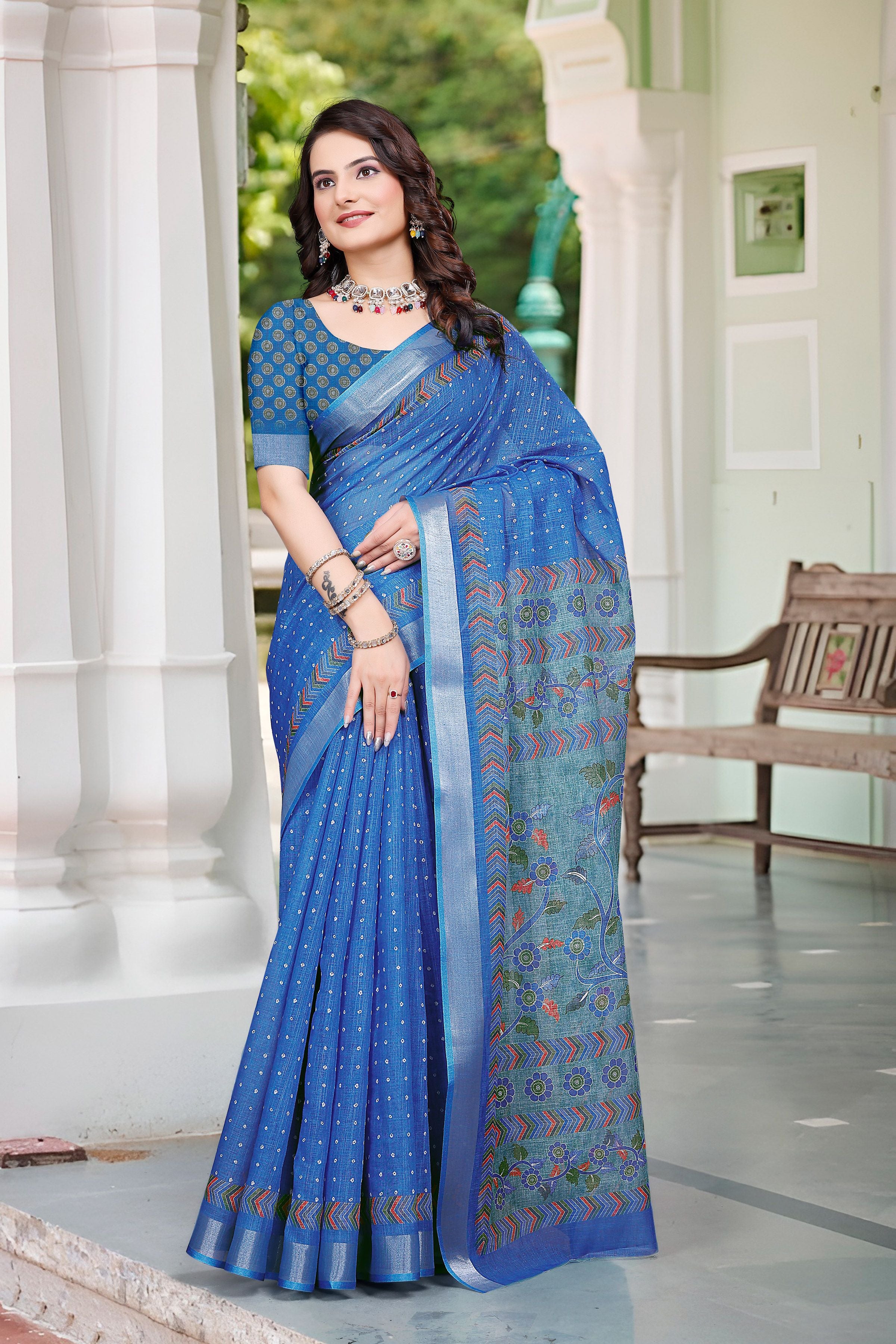 Blue Beautiful Designer Printed Saree With Woven Border