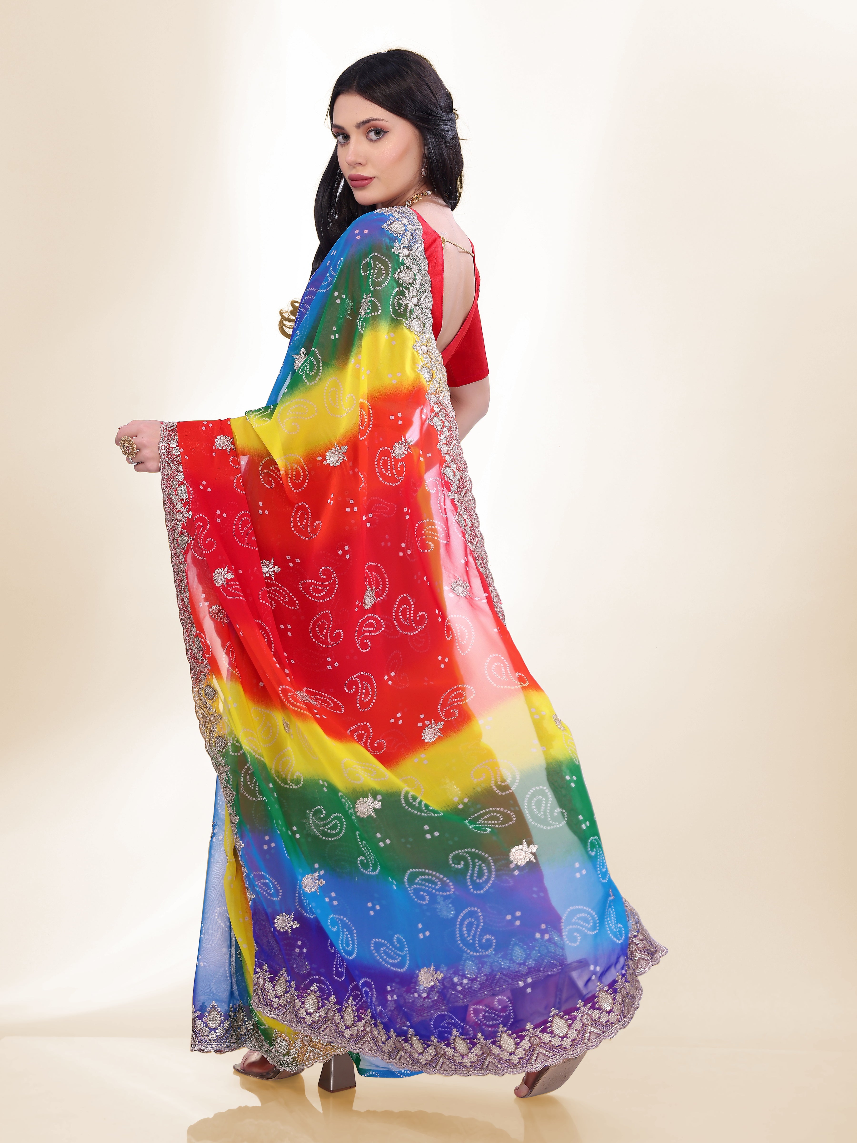 Blue Beautiful Georgette Bandhej Printed Festive Saree