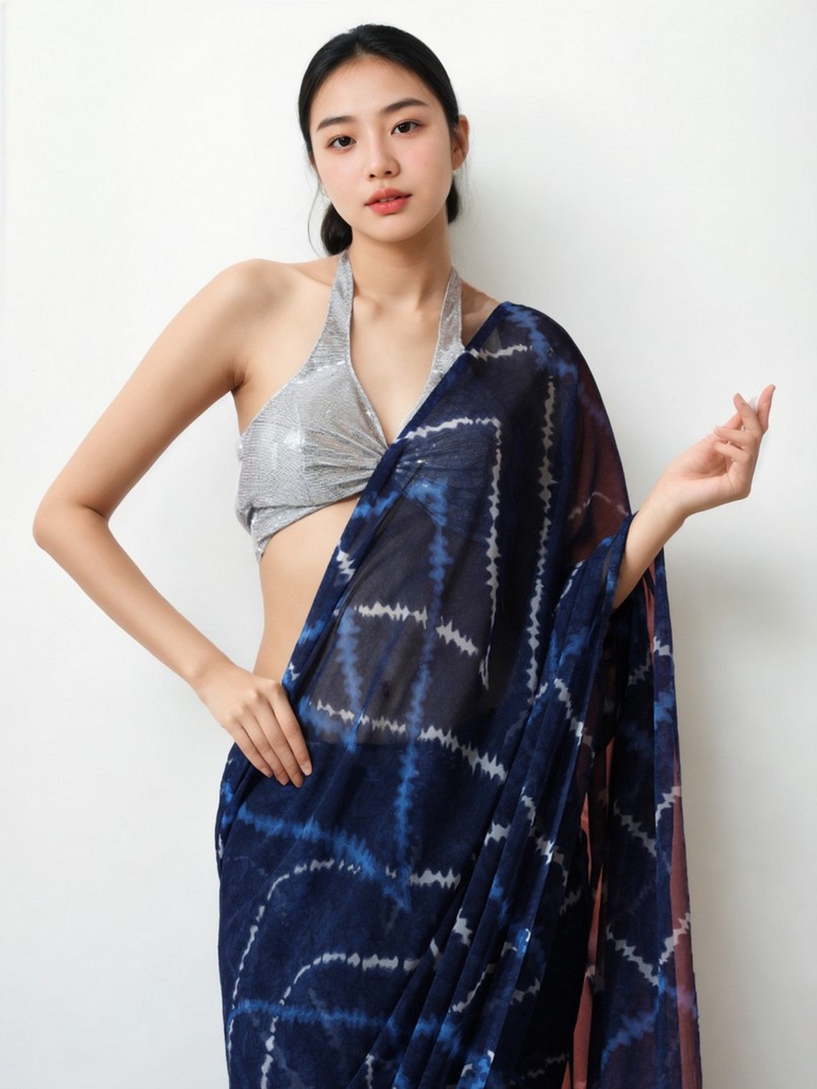 Blue Beautiful Marbel Chiffon Designer Printed Ready To Wear Ceremonial Saree