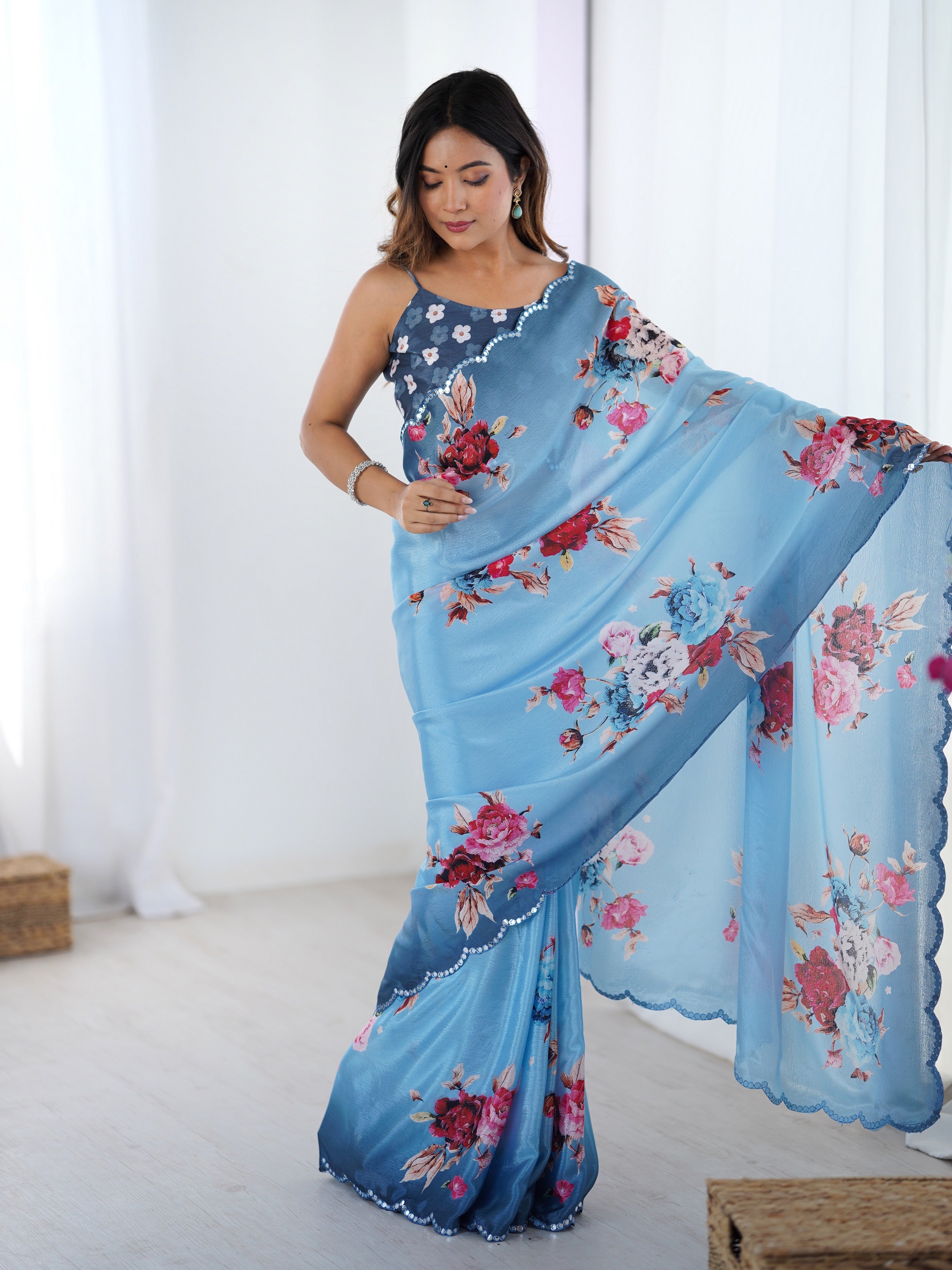 Blue Beautiful Printed Chinon Saree With Stylish Border For Girlie Looks