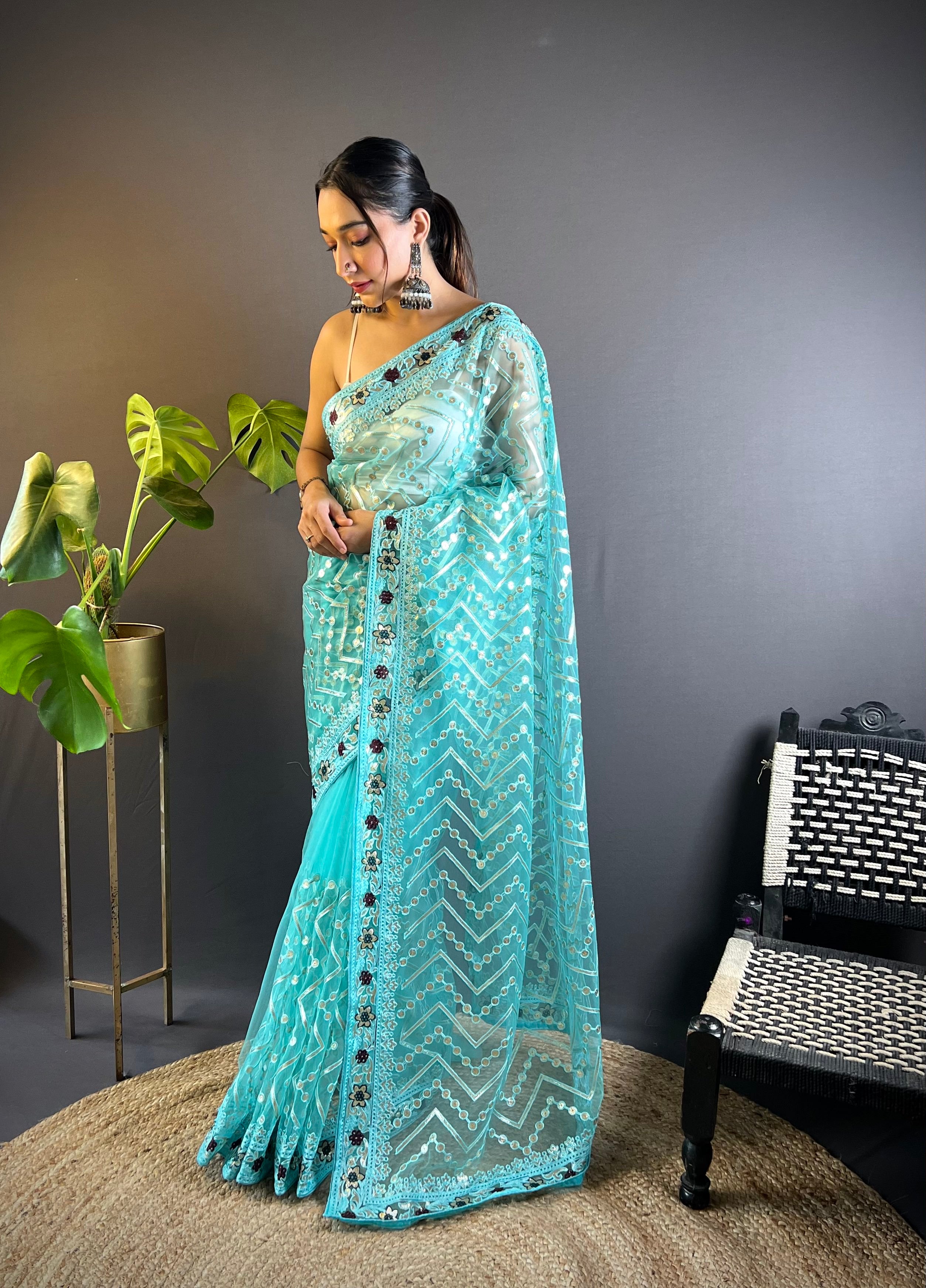 Blue Butterfly Net Fabric Embroidery Work Ceremonial Saree