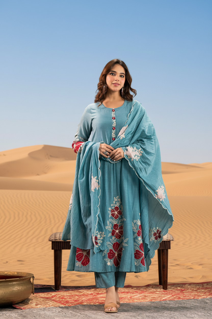 Blue Chanderi Silk Kurta Pant Set With Heavy Thread Embroidery Work