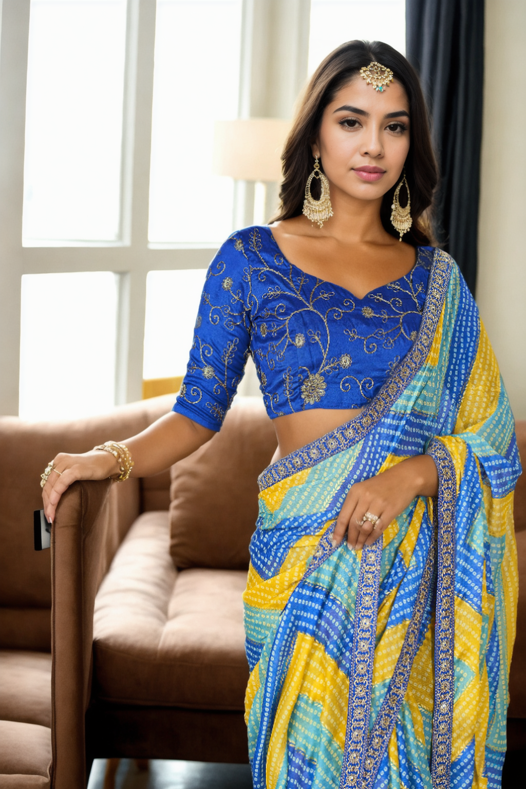 Blue Chinon Beautiful Printed Saree With Embroidered Blouse
