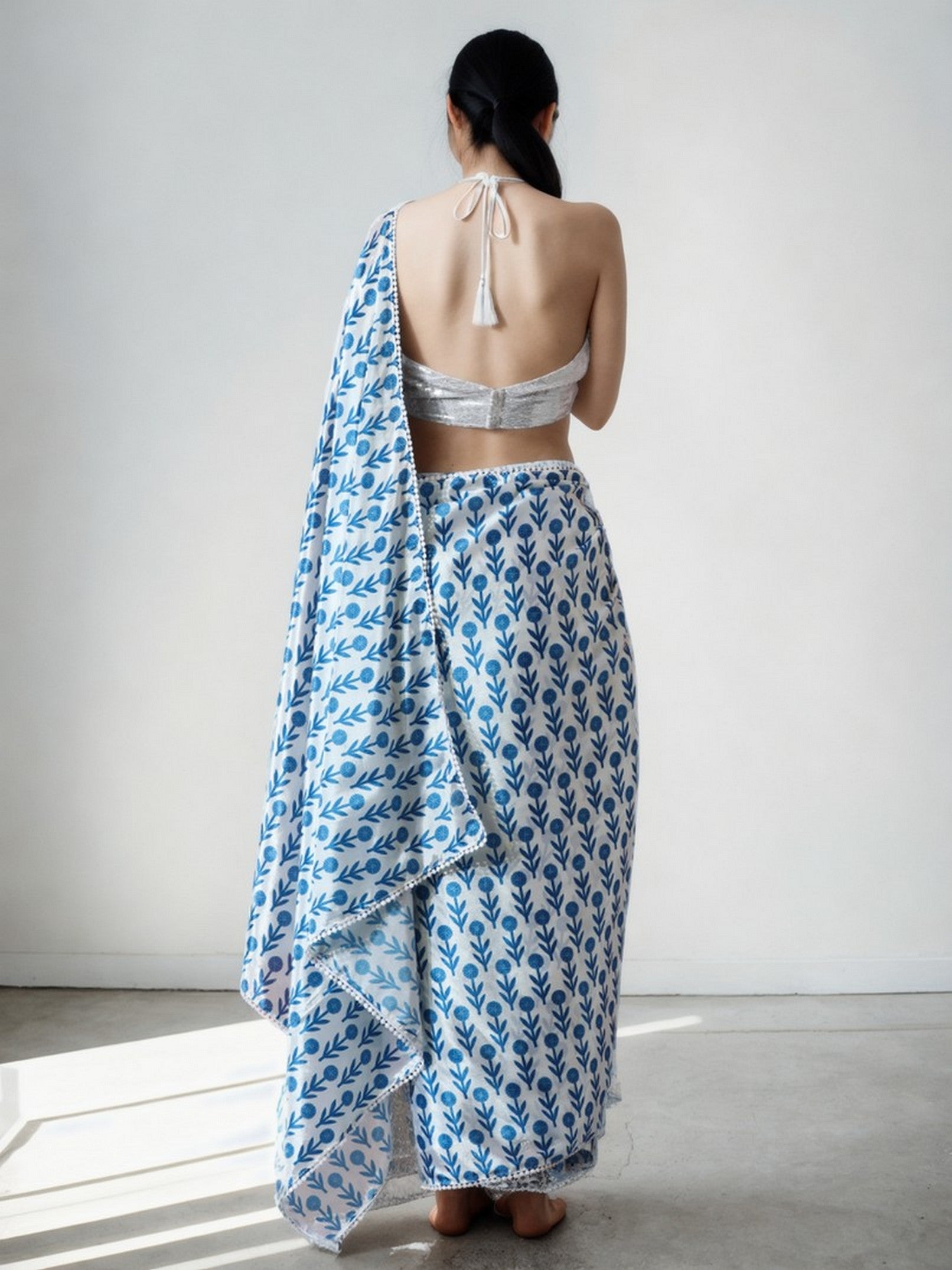 Blue Chinon Designer Digital Printed Ready To Wear Saree