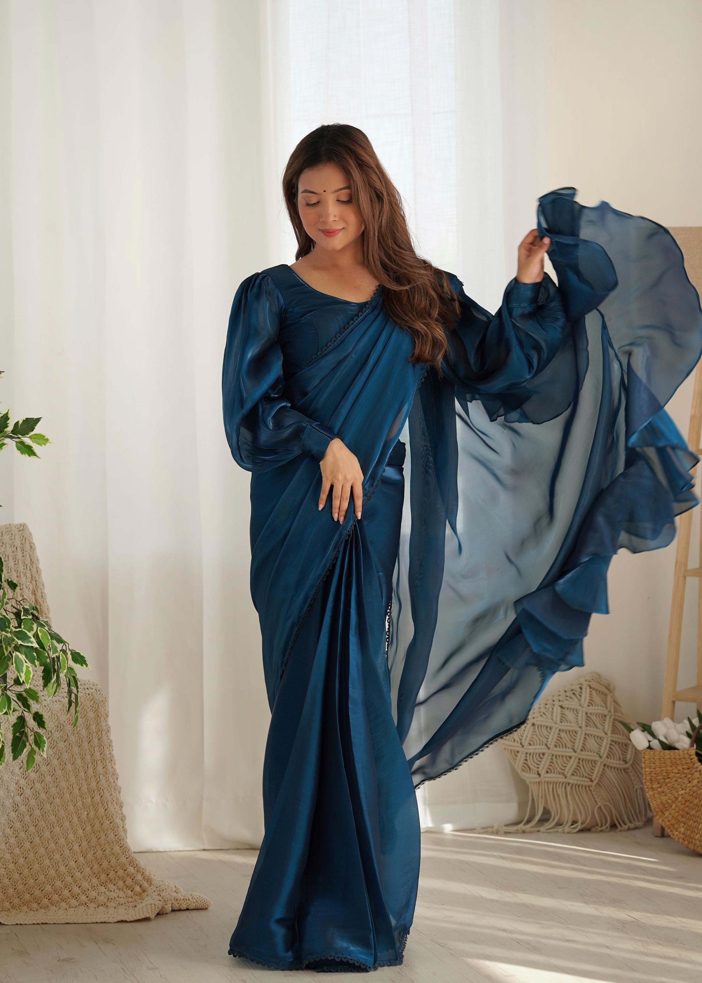 Blue Colour Zimichhu Silk Ready To Wear Saree