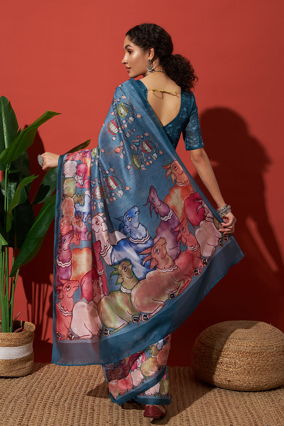 Blue Cotton Silk Designer Digital Printed Ethnic Ceremonial Saree