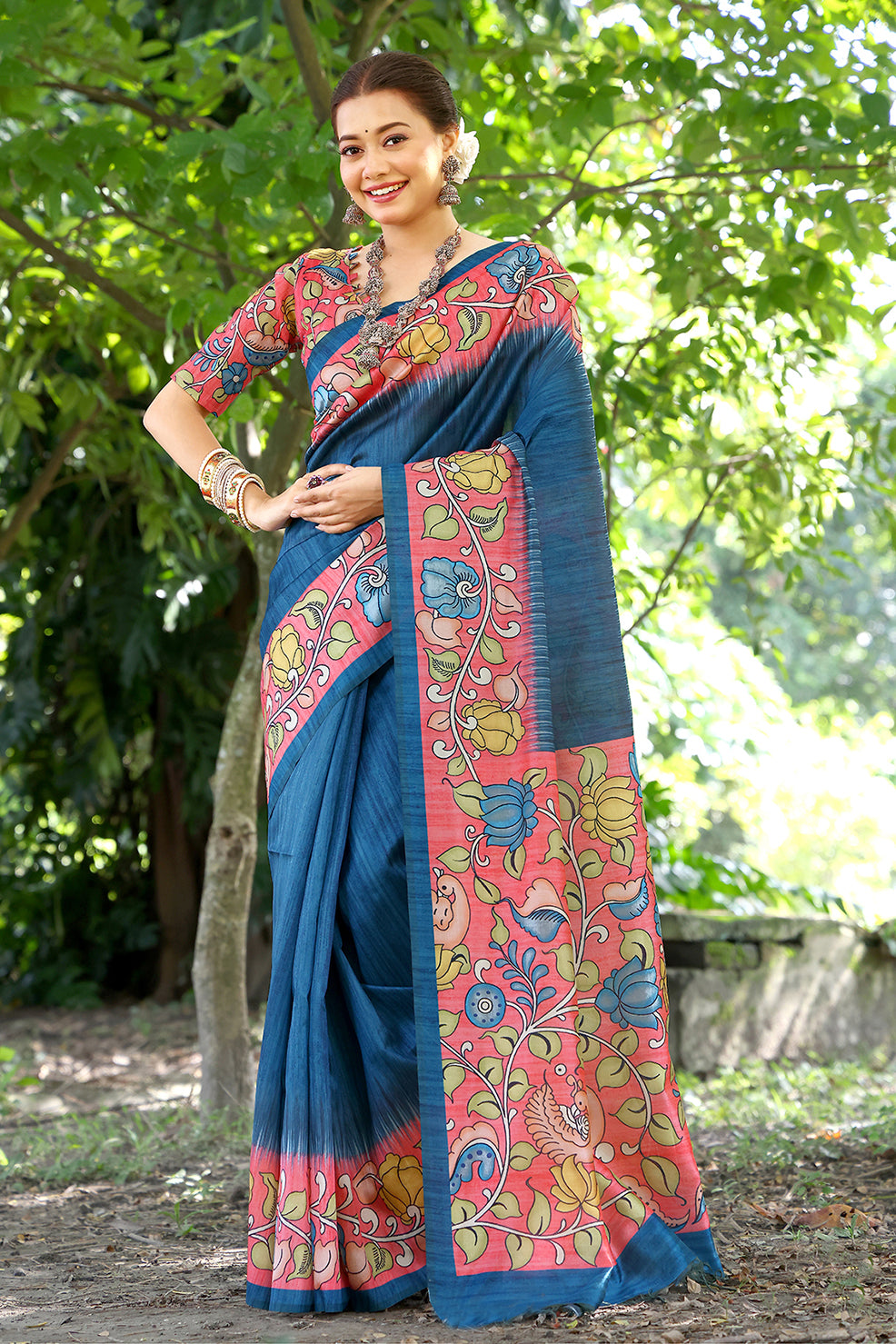 Blue Cotton Silk Saree with Solid Design and Printed Pallu