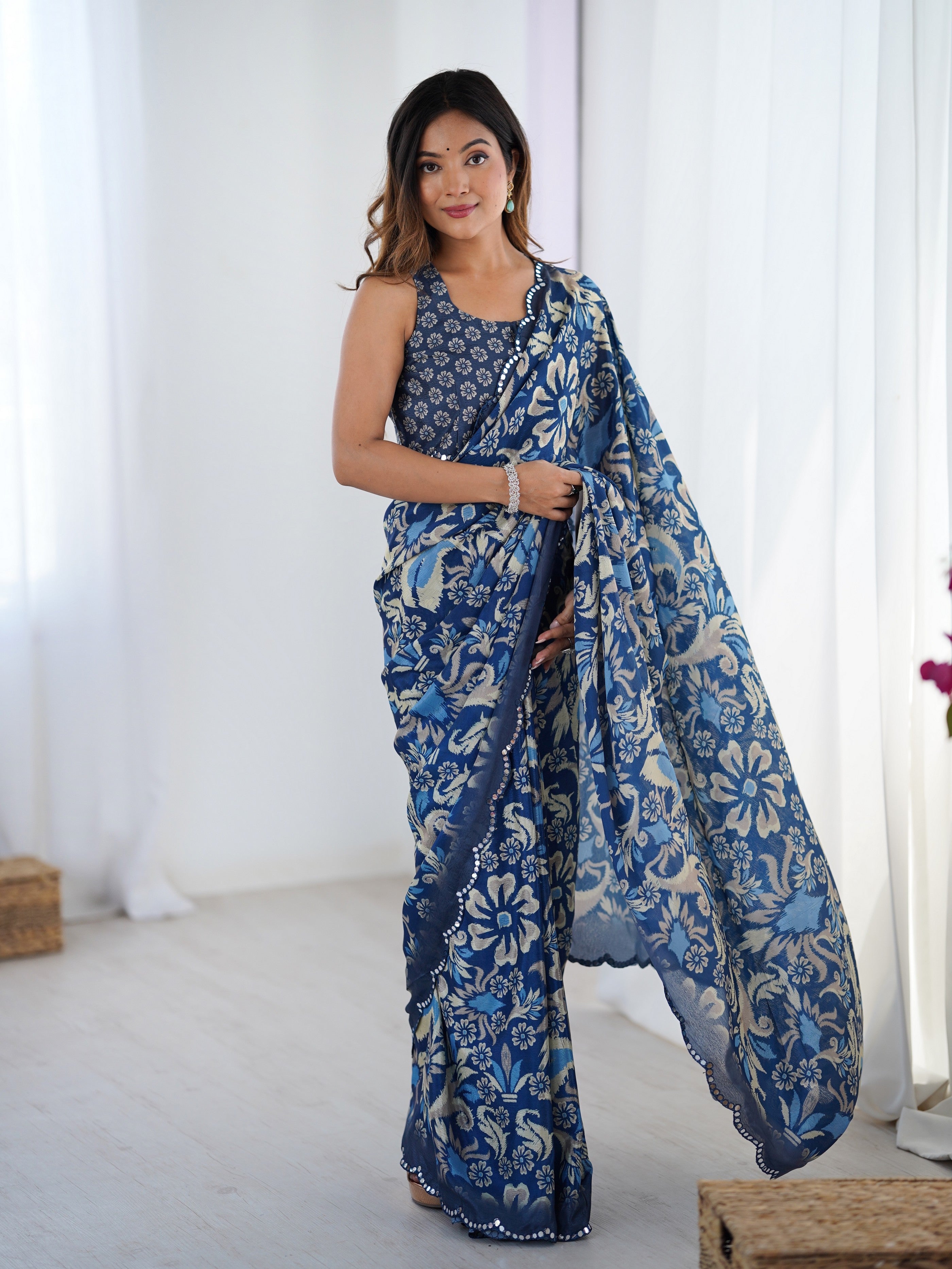 Blue Digital Printed Stylish Chinon Fanbric Glamorous Partywear Saree