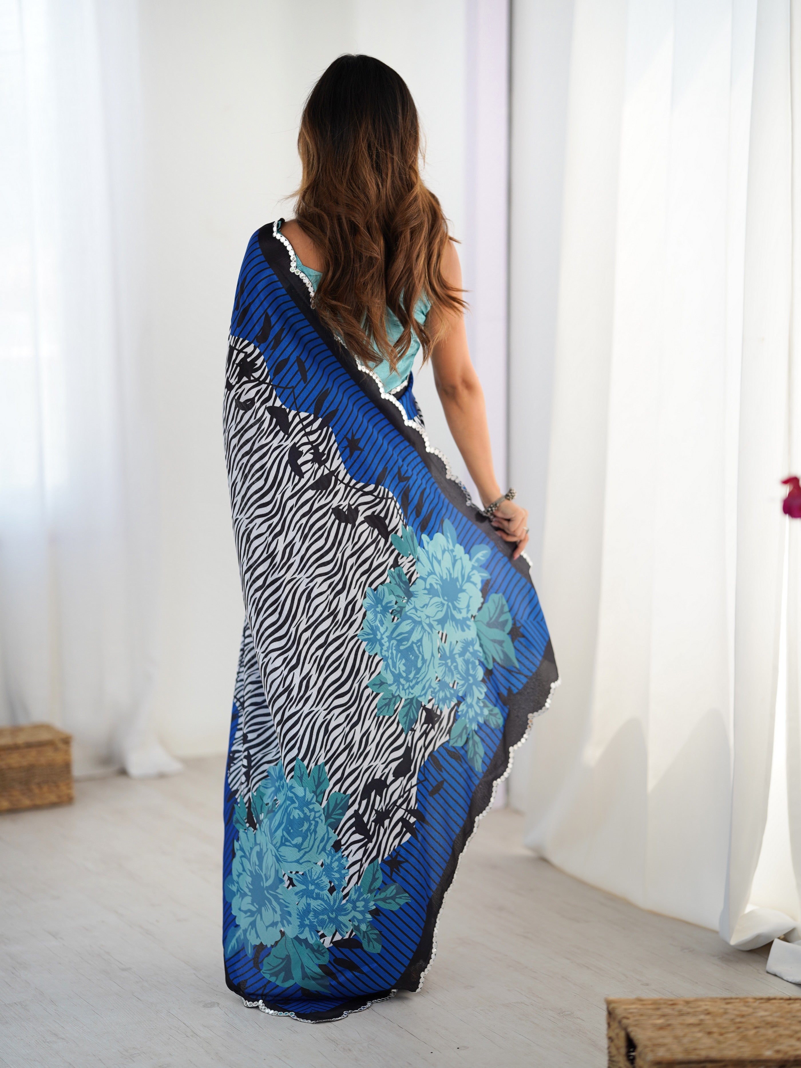Blue Digital Printed Stylish Chinon Fanbric Glamorous Partywear Saree