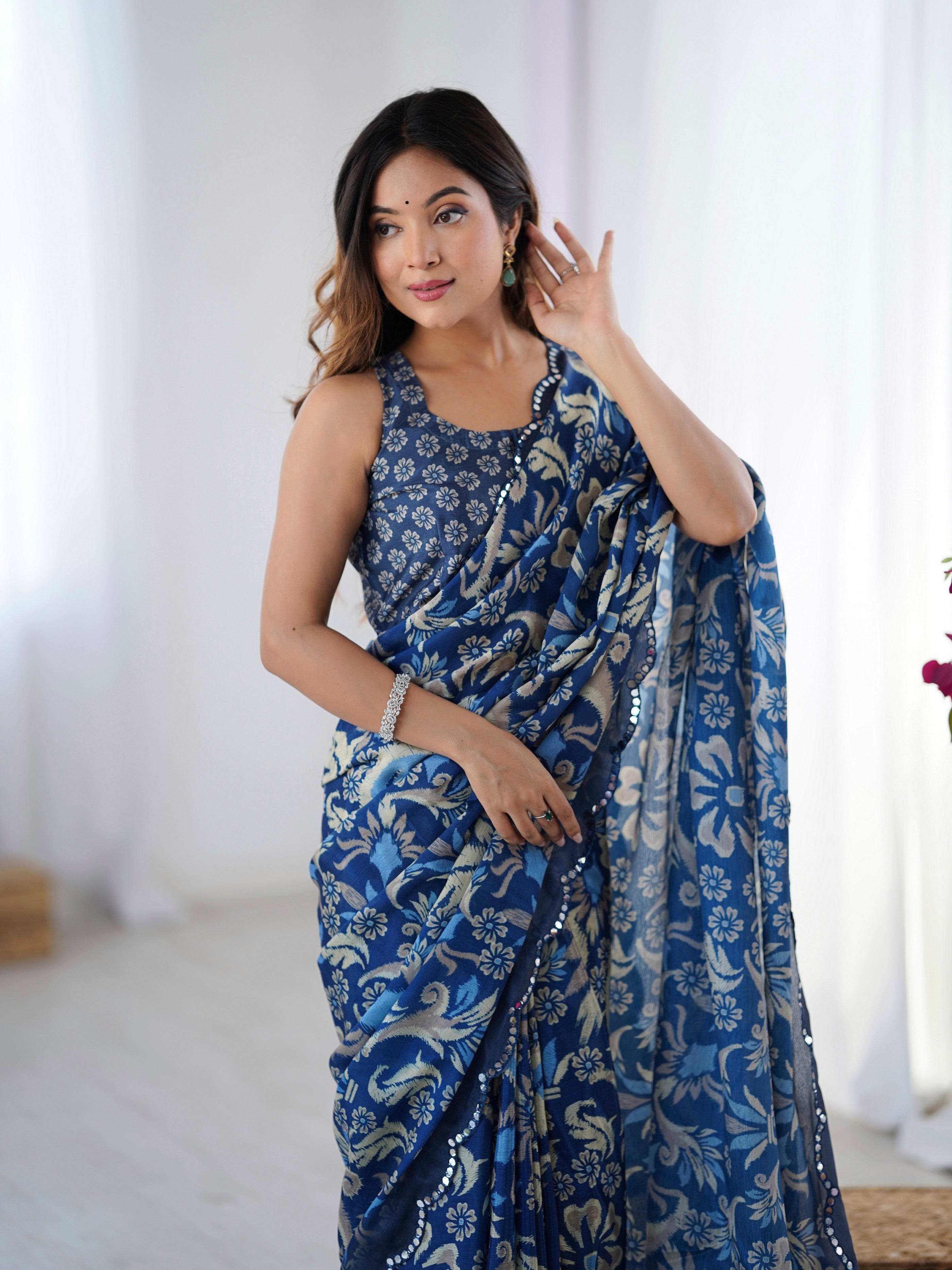 Blue Digital Printed Stylish Chinon Fanbric Glamorous Partywear Saree