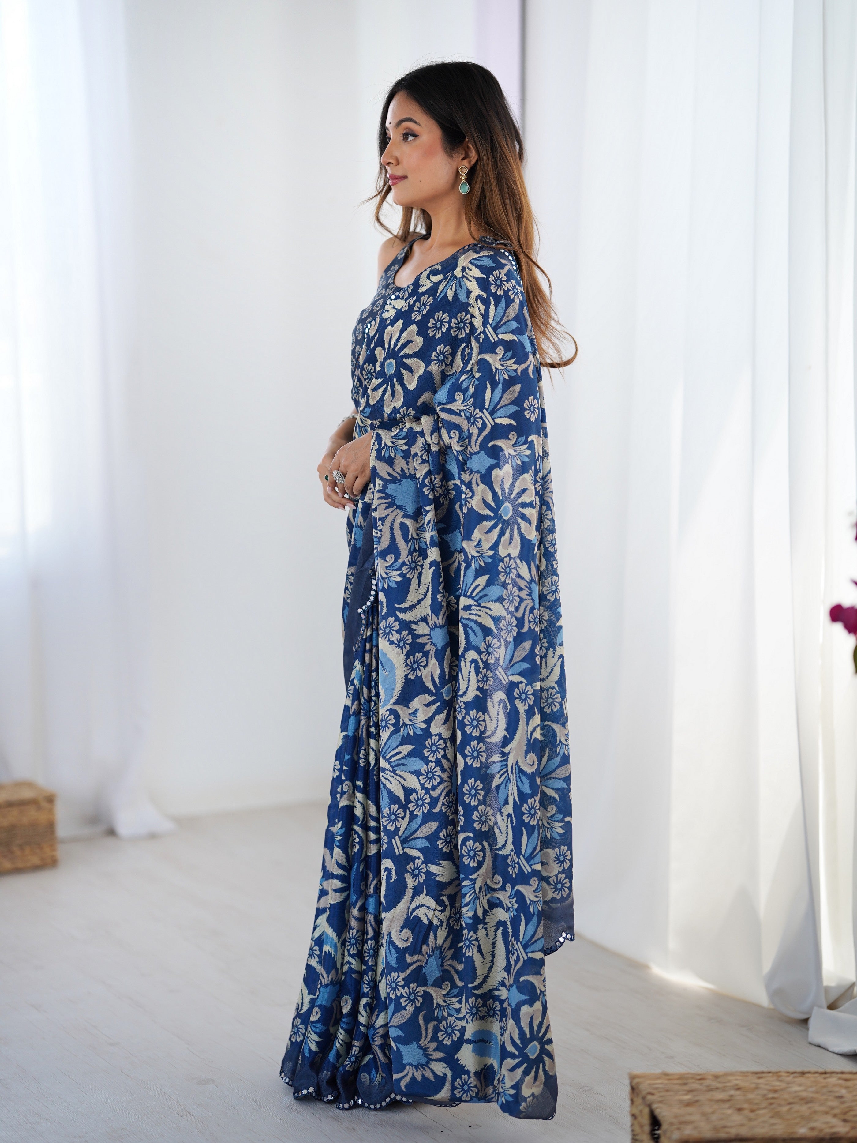 Blue Digital Printed Stylish Chinon Fanbric Glamorous Partywear Saree