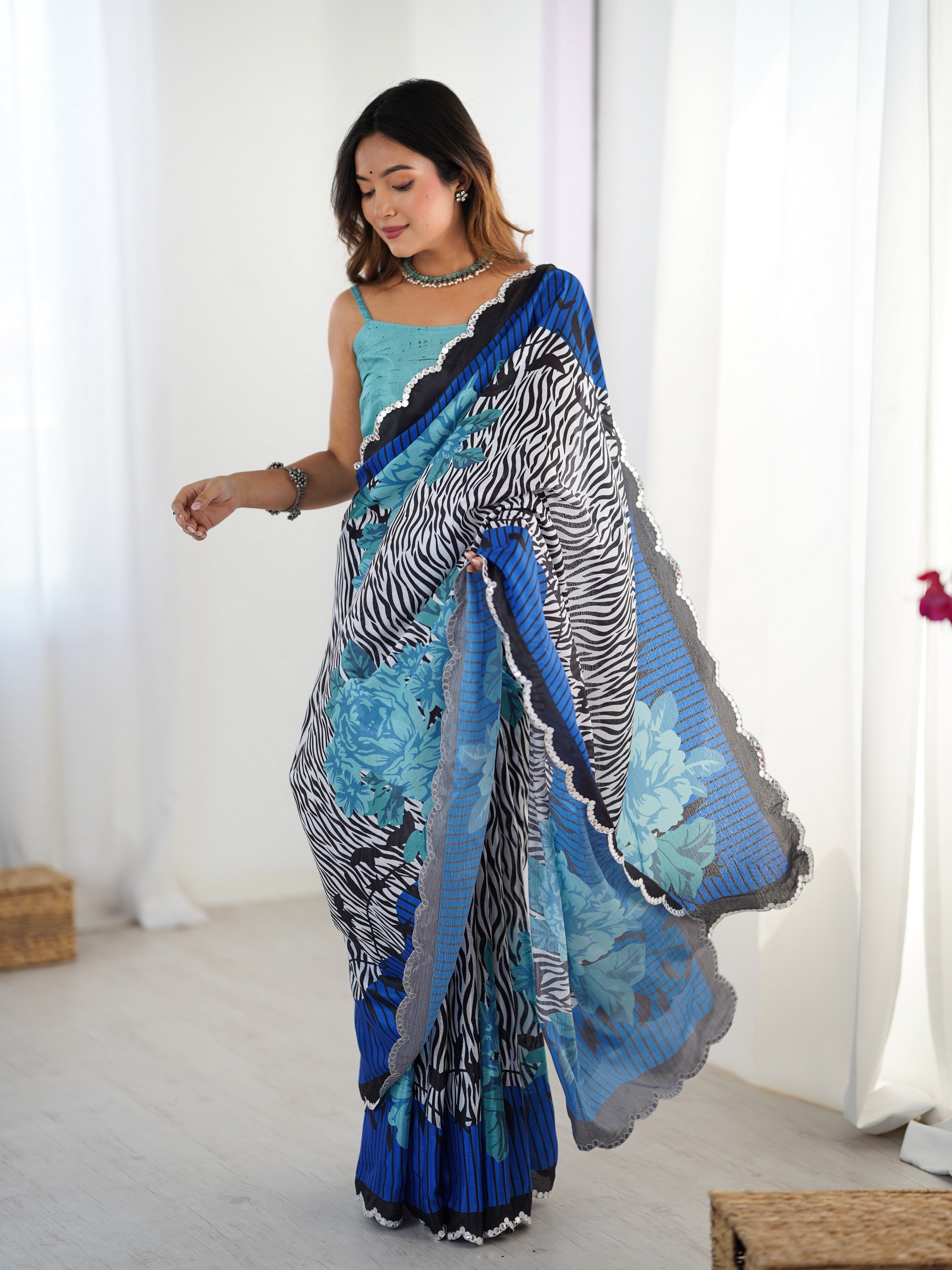 Blue Digital Printed Stylish Chinon Fanbric Glamorous Partywear Saree