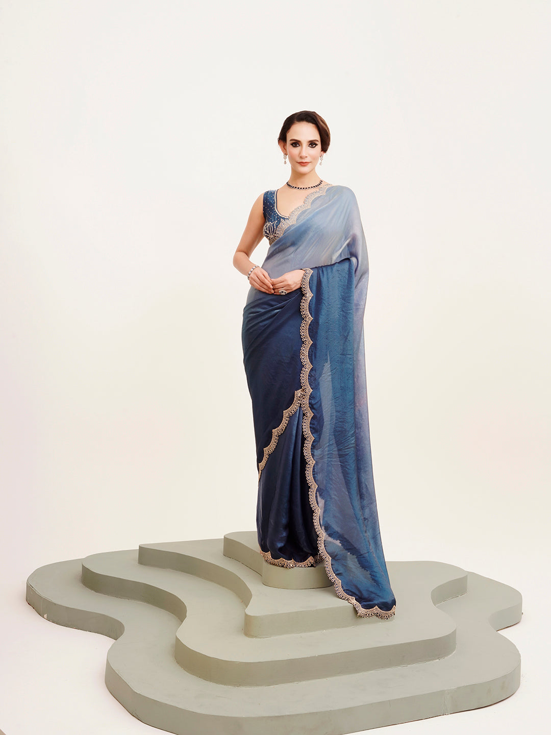 Blue Embellished Beads And Stones Satin Saree For Beautiful Partywear Saree