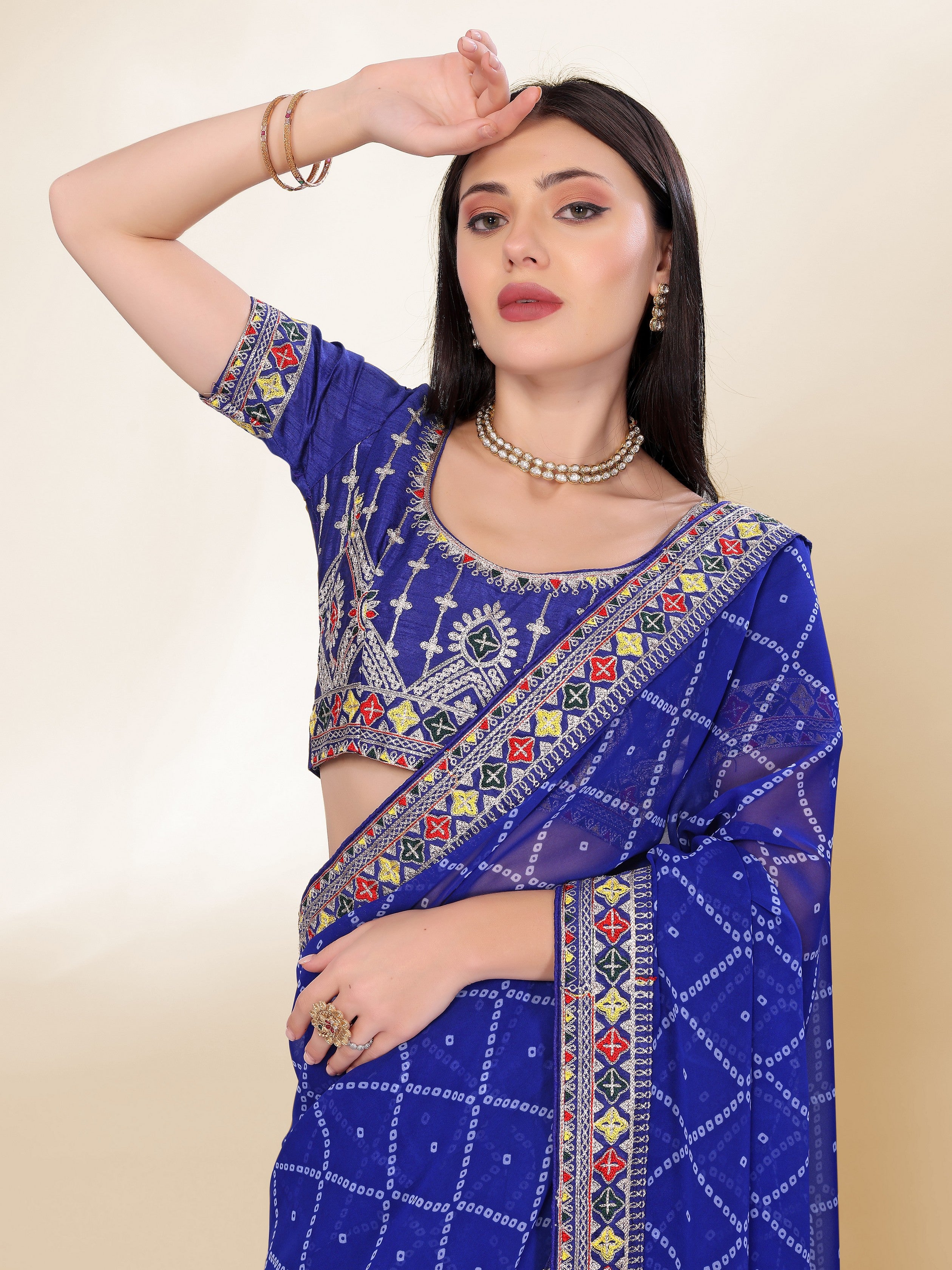 Blue Georgette Bandhej Printed Saree With Graceful Embroidery Work