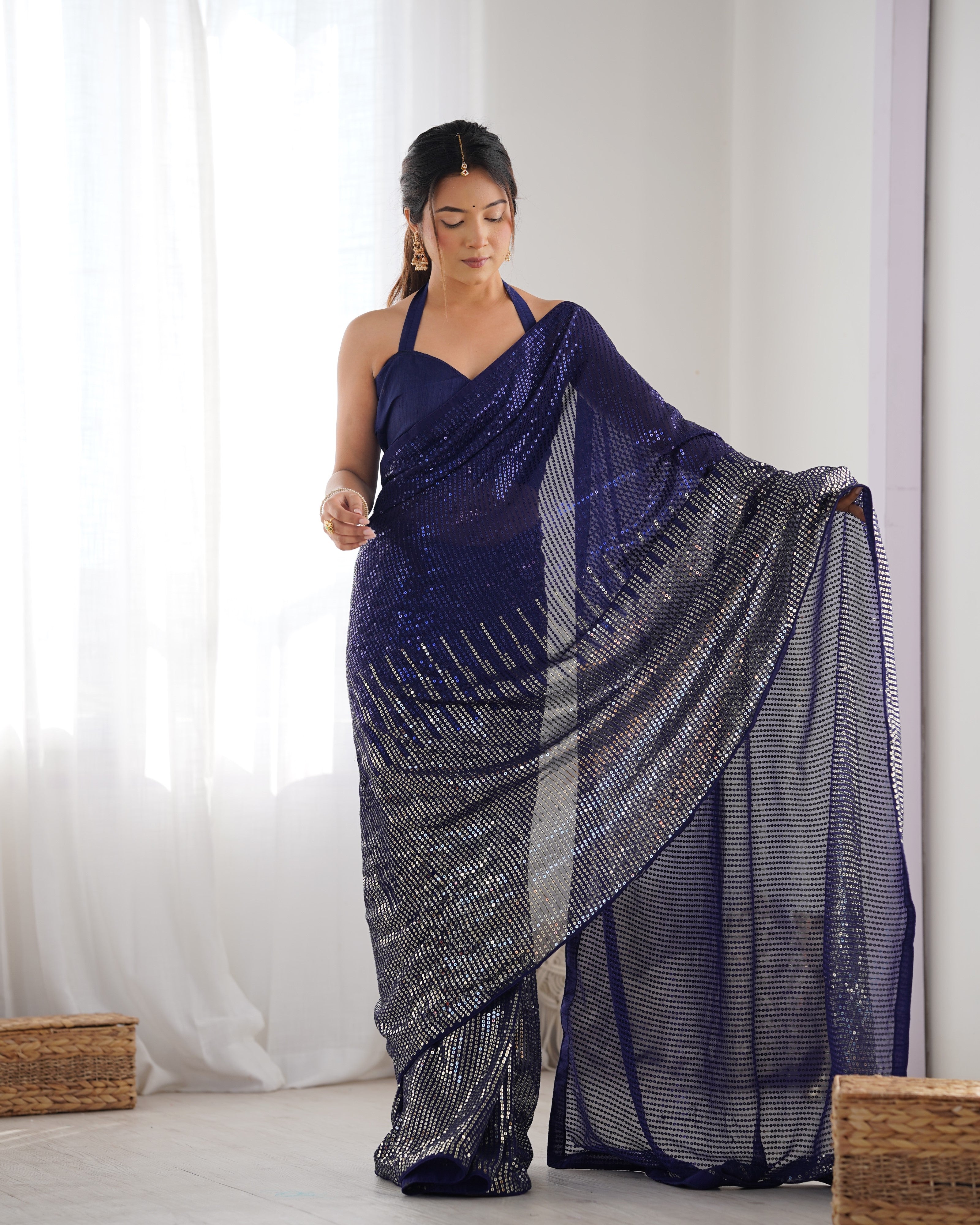 Blue Georgette Designer Sequance Embroidery Work Bollywood Style Partywear Saree