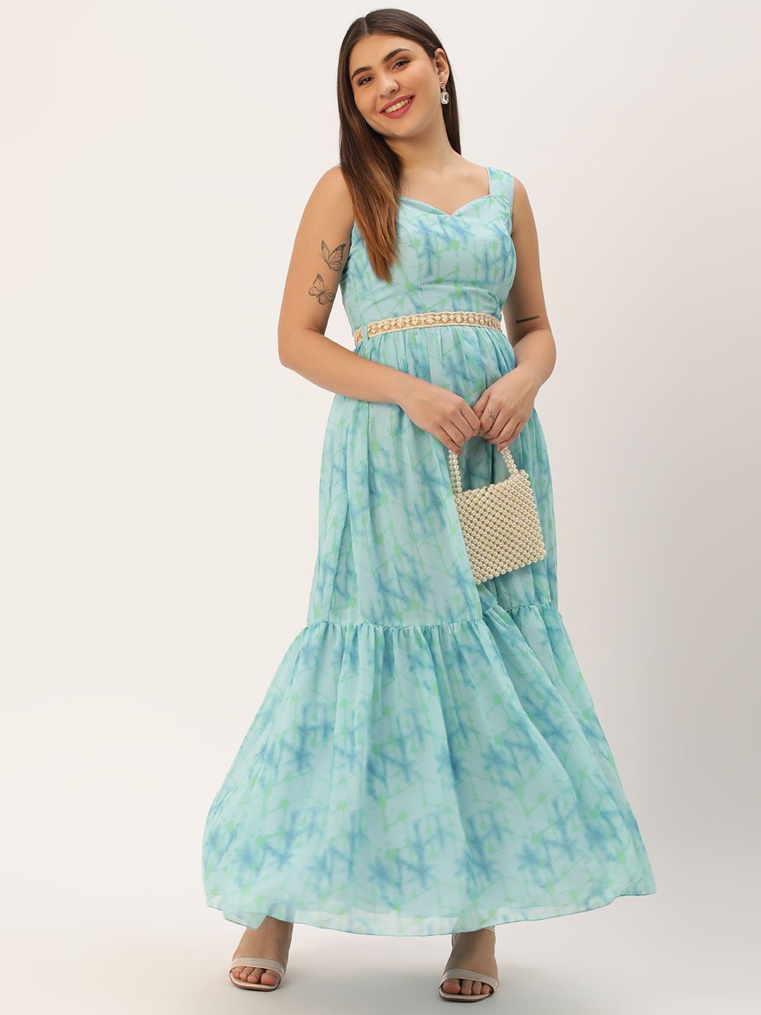 Blue Georgette Dress & Gown With Abstract Print with Embroidered Balt