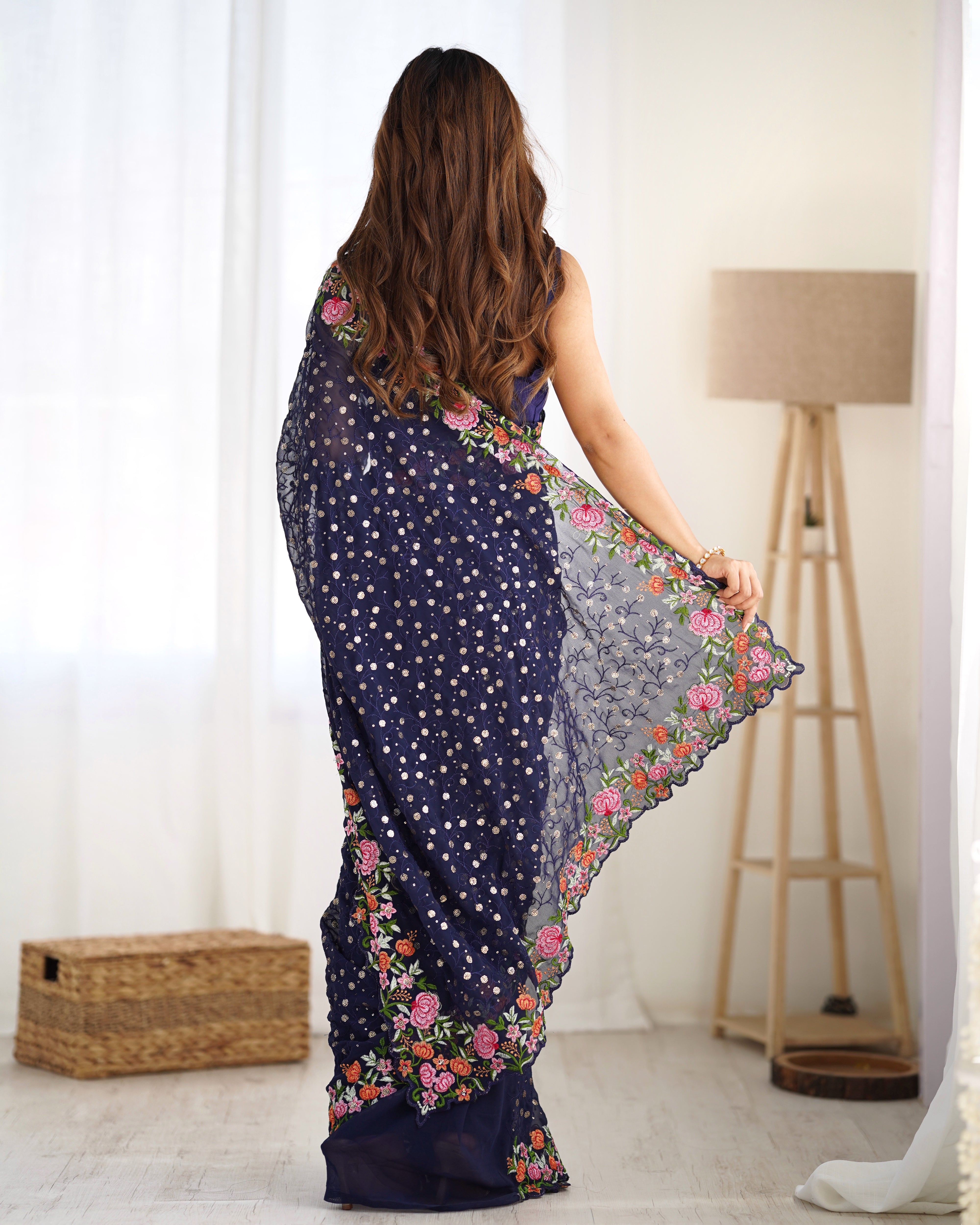 Blue Georgette Fabric Designer Sequins Work Embroidery Saree