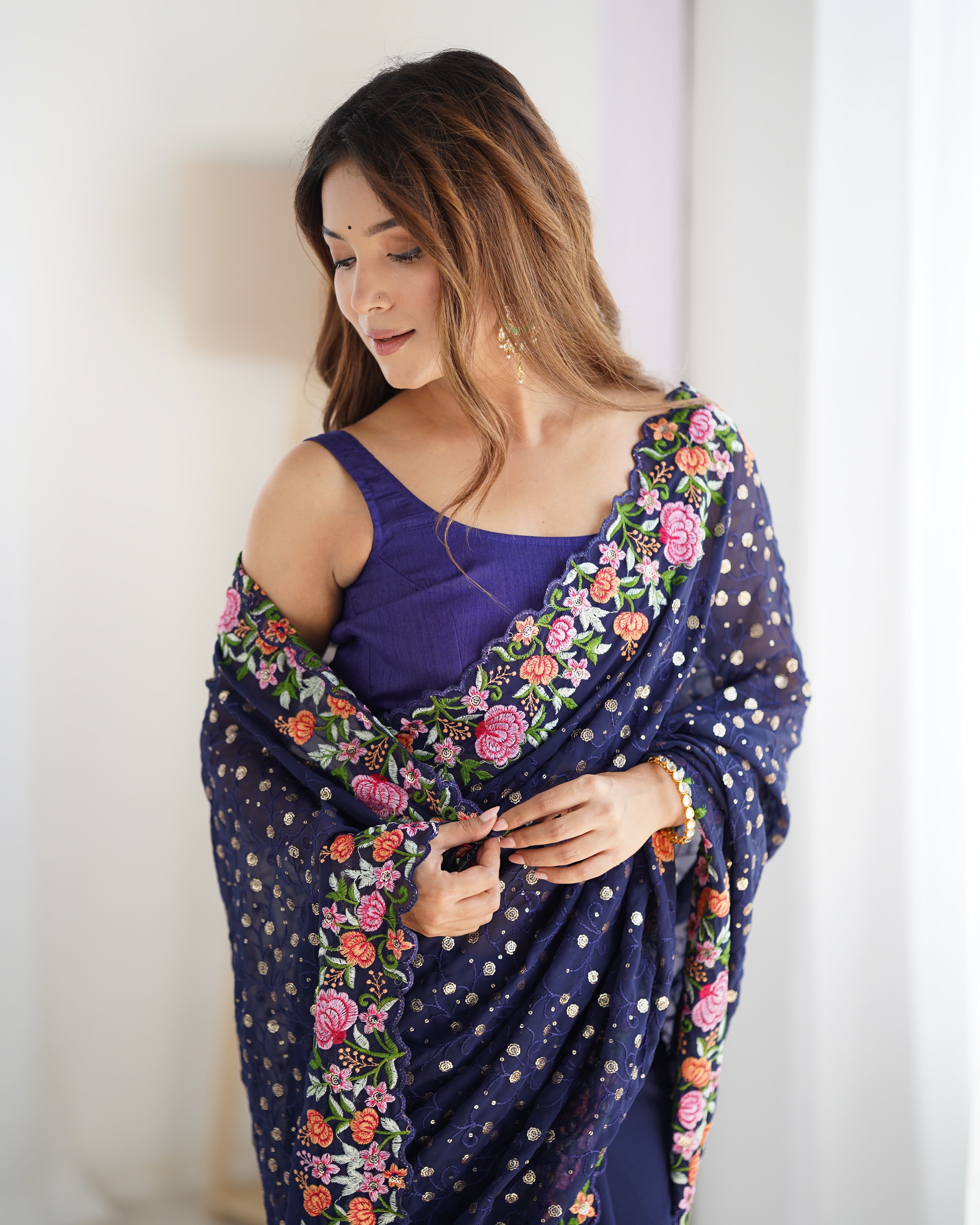 Blue Georgette Fabric Designer Sequins Work Embroidery Saree